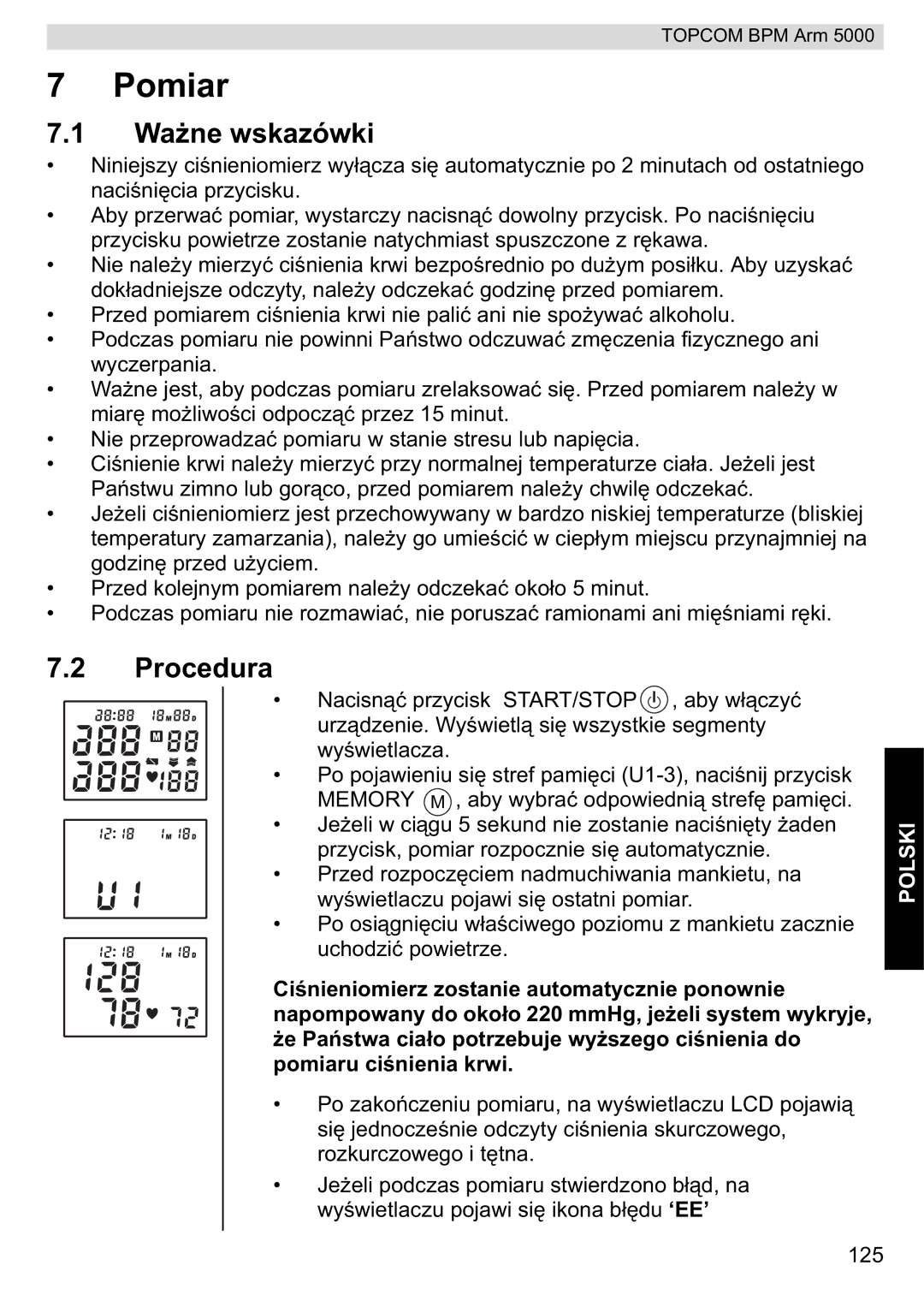 Topcom 5000 manual do utilizador Pomiar, Wae wskazówki 