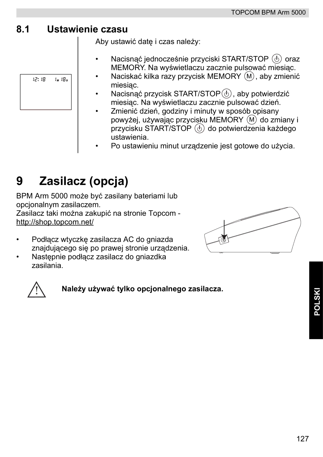 Topcom 5000 manual do utilizador Zasilacz opcja, Ustawienie czasu 