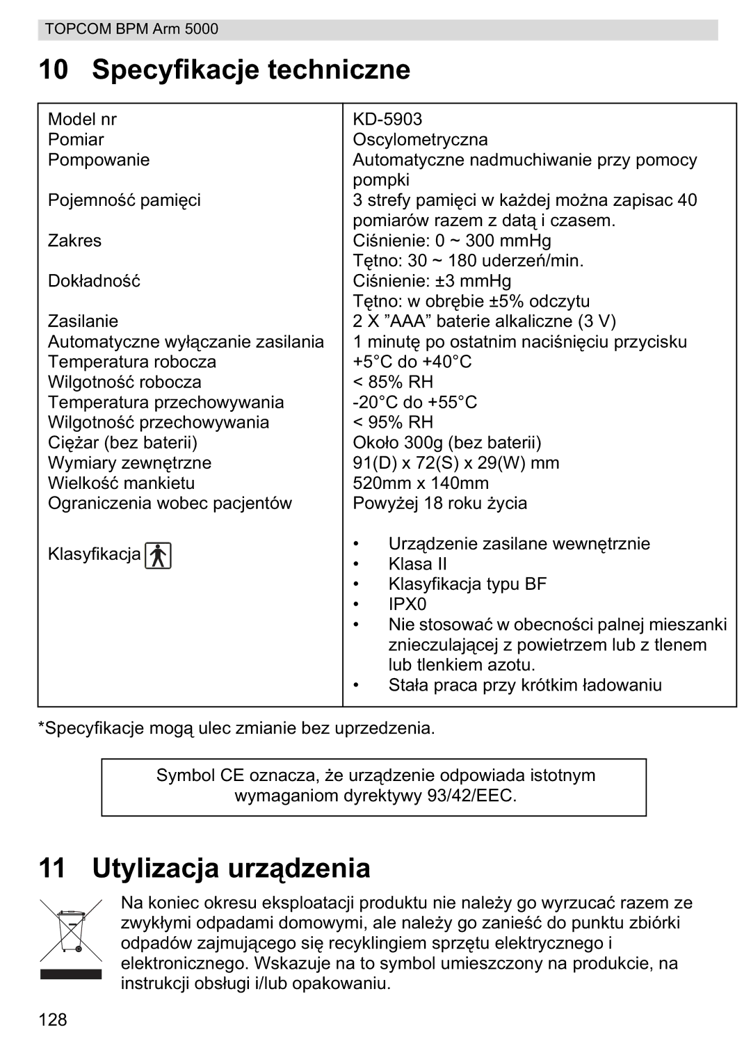 Topcom 5000 manual do utilizador Specyfikacje techniczne, Utylizacja urzdzenia 