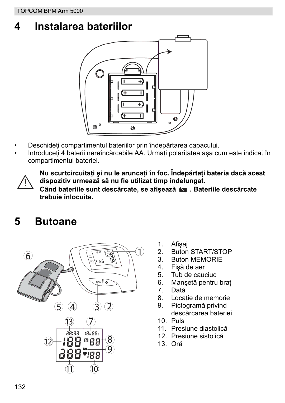 Topcom 5000 manual do utilizador Instalarea bateriilor, Butoane 