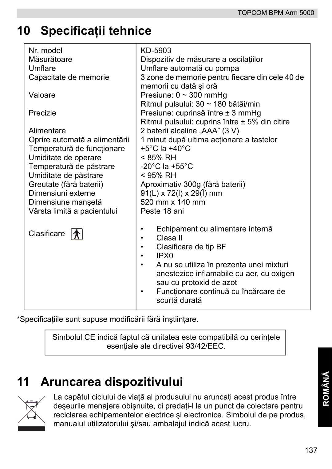 Topcom 5000 manual do utilizador Specificae, Aruncarea dispozitivului 