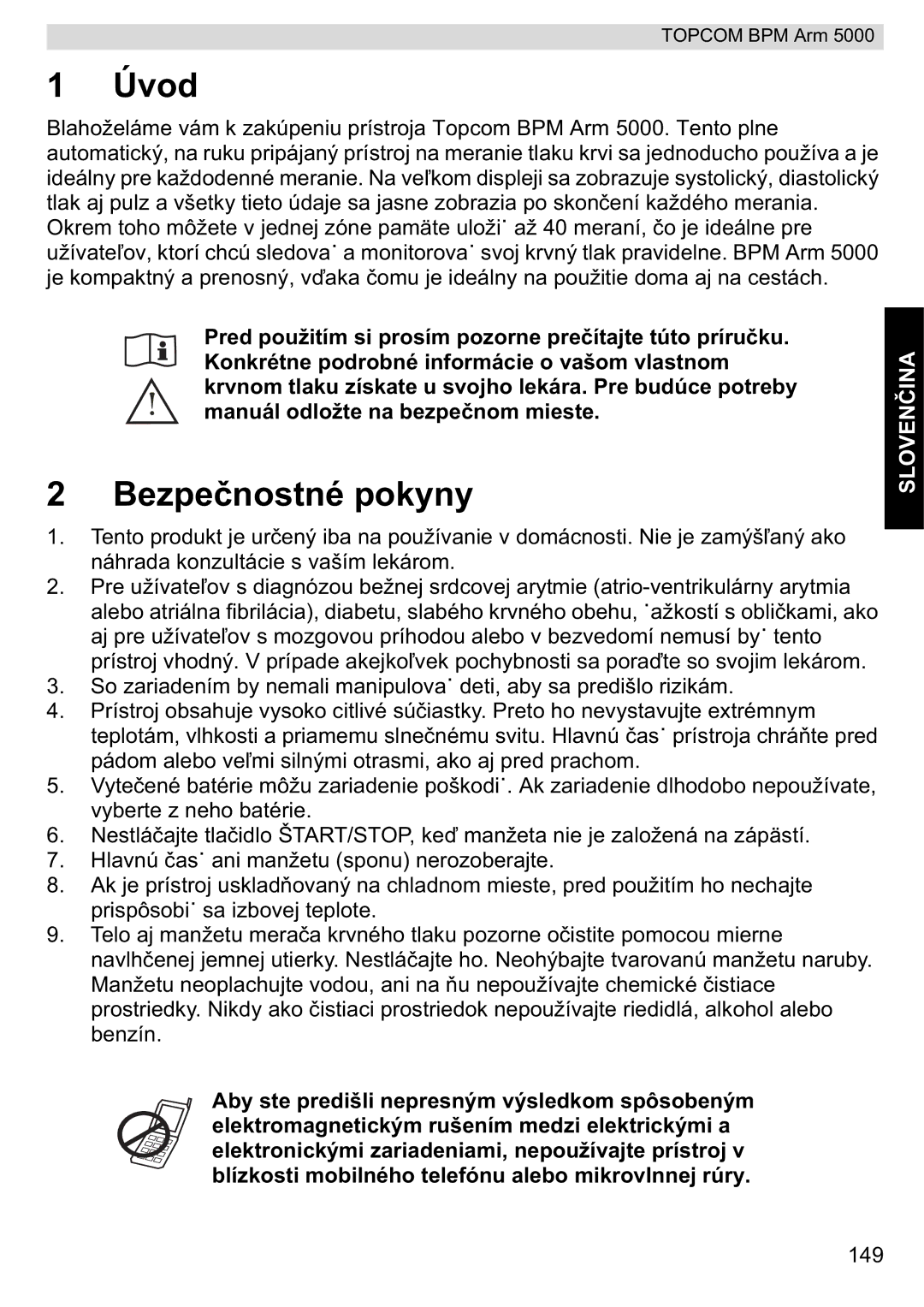 Topcom 5000 manual do utilizador Bezpenostné pokyny, Sloven 