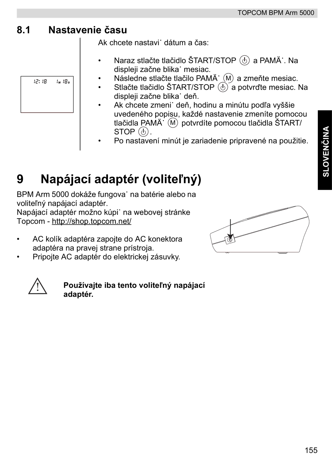 Topcom 5000 manual do utilizador Napájací adaptér volite, Nastavenie su 