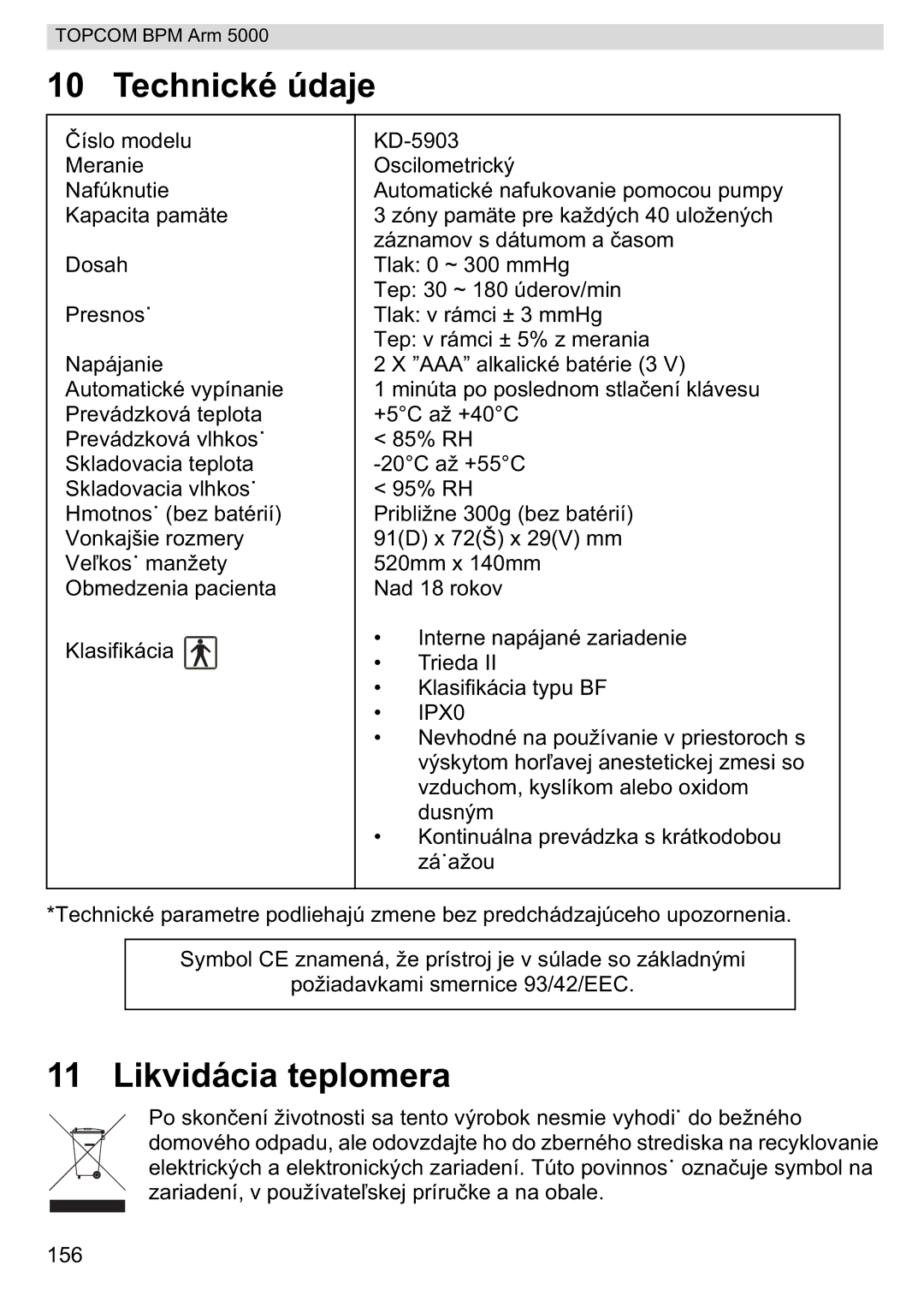 Topcom 5000 manual do utilizador Technické údaje, Likvidácia teplomera 