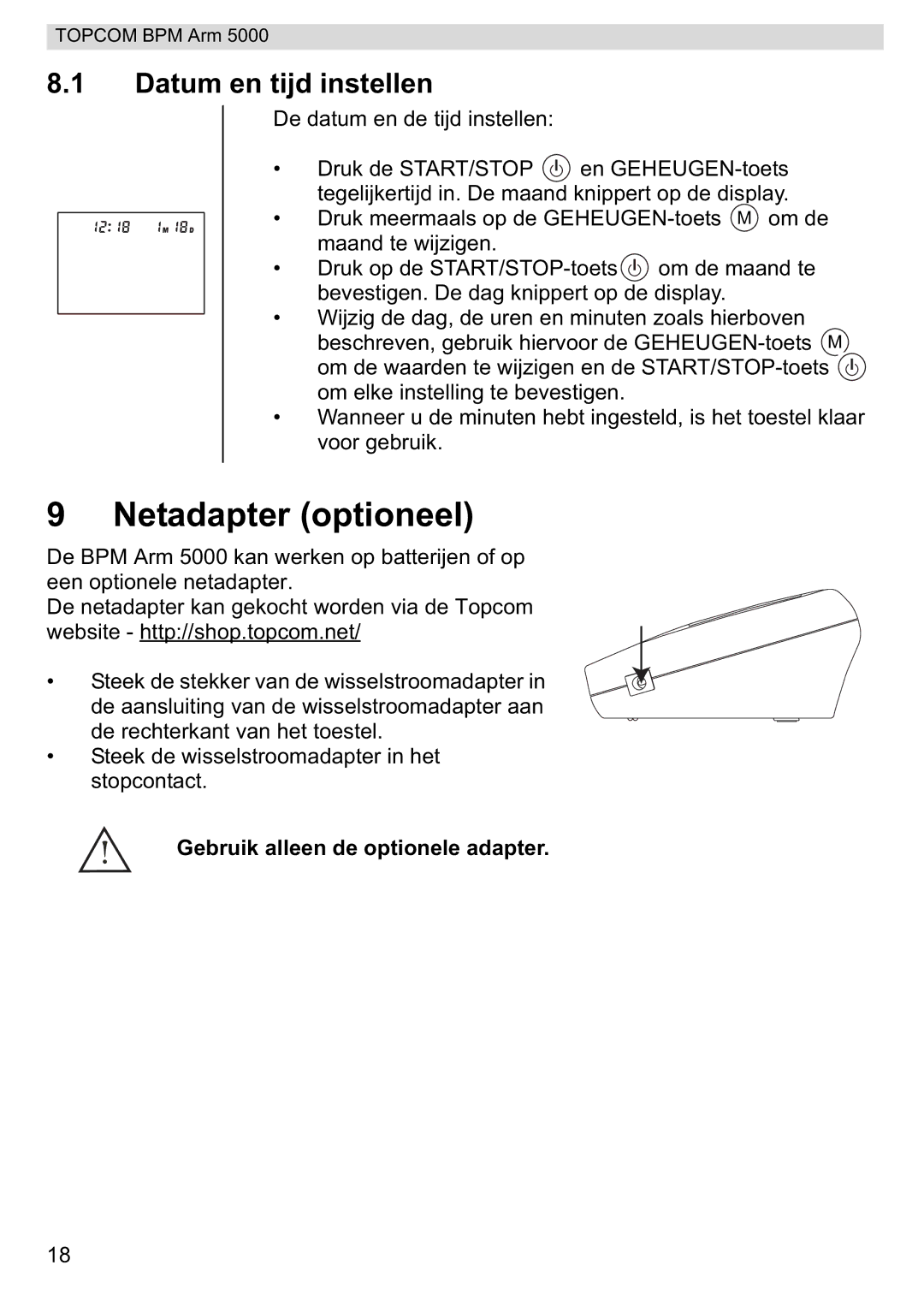 Topcom 5000 manual do utilizador Netadapter optioneel, Datum en tijd instellen 