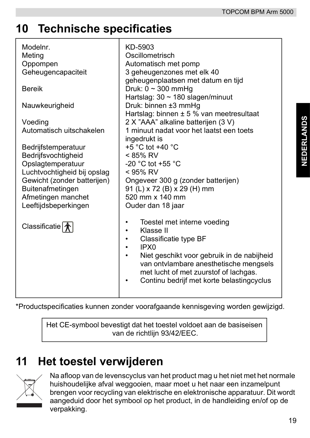 Topcom 5000 manual do utilizador Technische specificaties, Het toestel verwijderen 