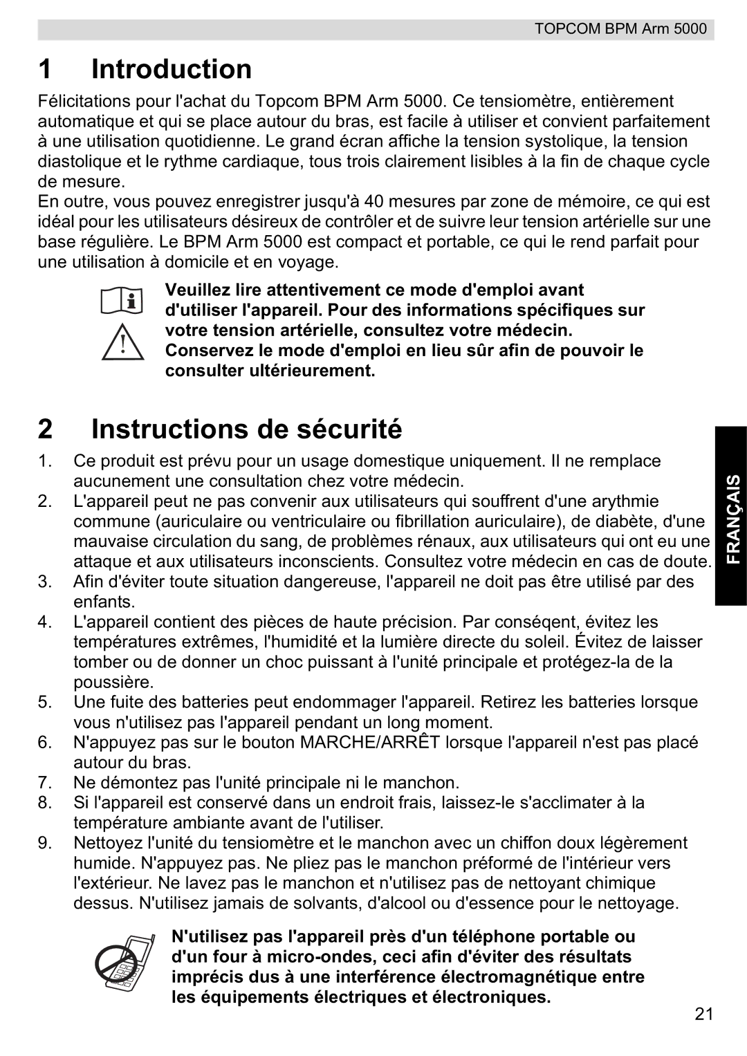 Topcom 5000 manual do utilizador Introduction, Instructions de sécurité 