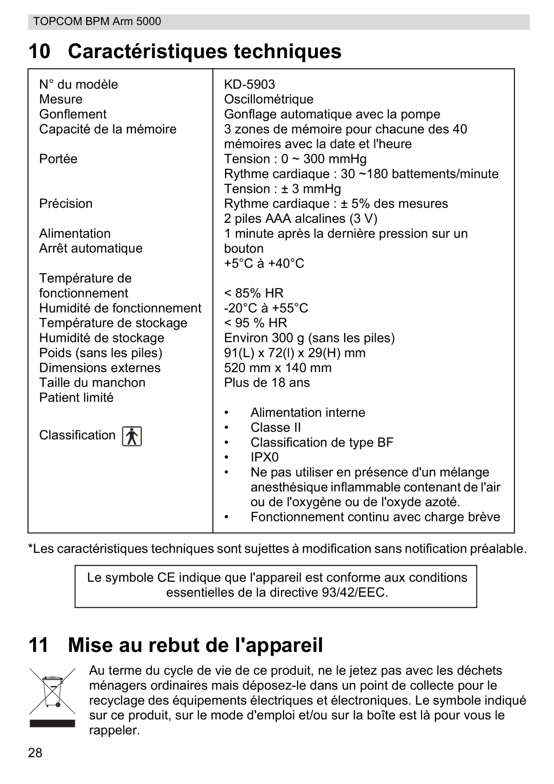 Topcom 5000 manual do utilizador Caractéristiques techniques, Mise au rebut de lappareil 