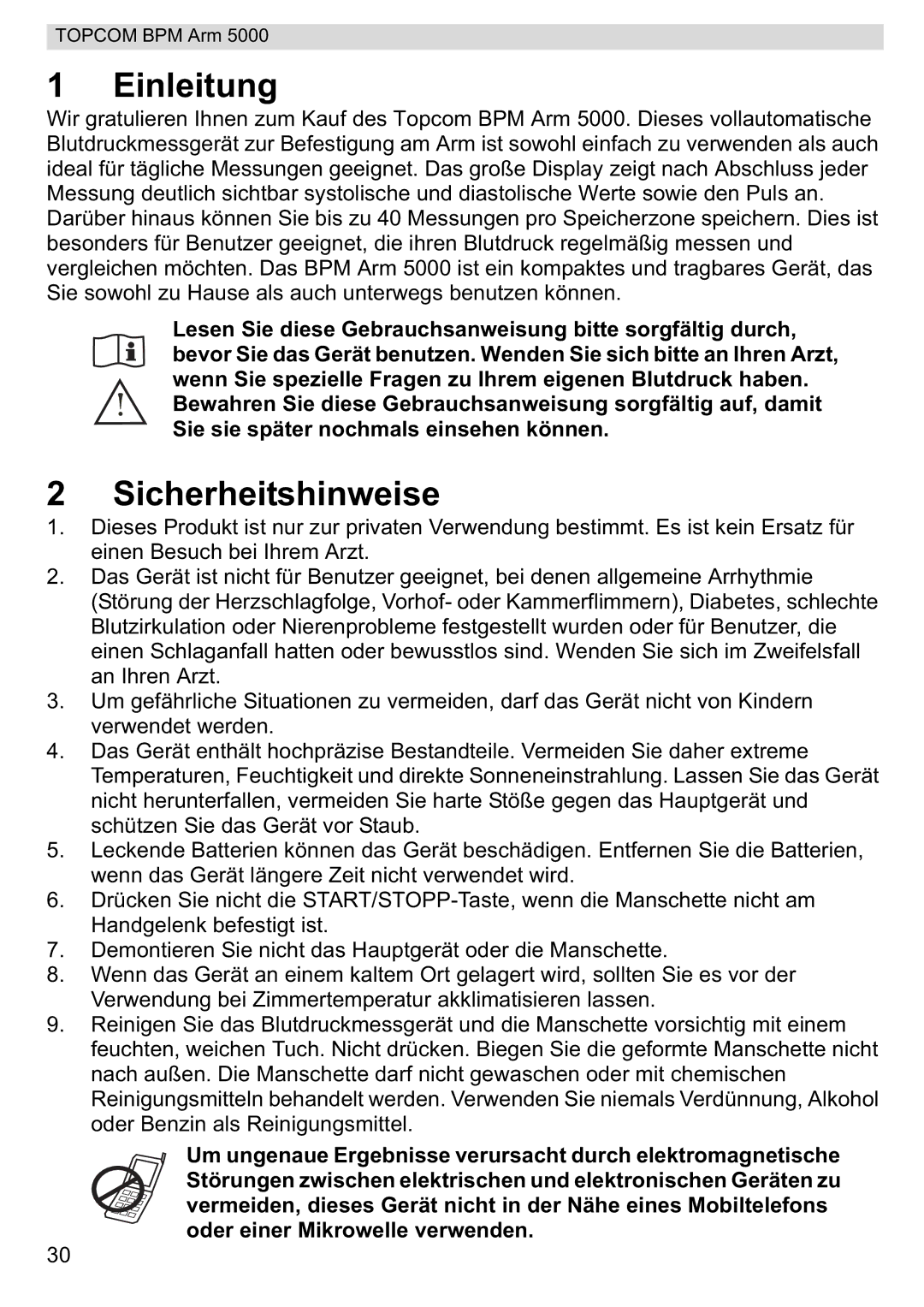 Topcom 5000 manual do utilizador Einleitung, Sicherheitshinweise 