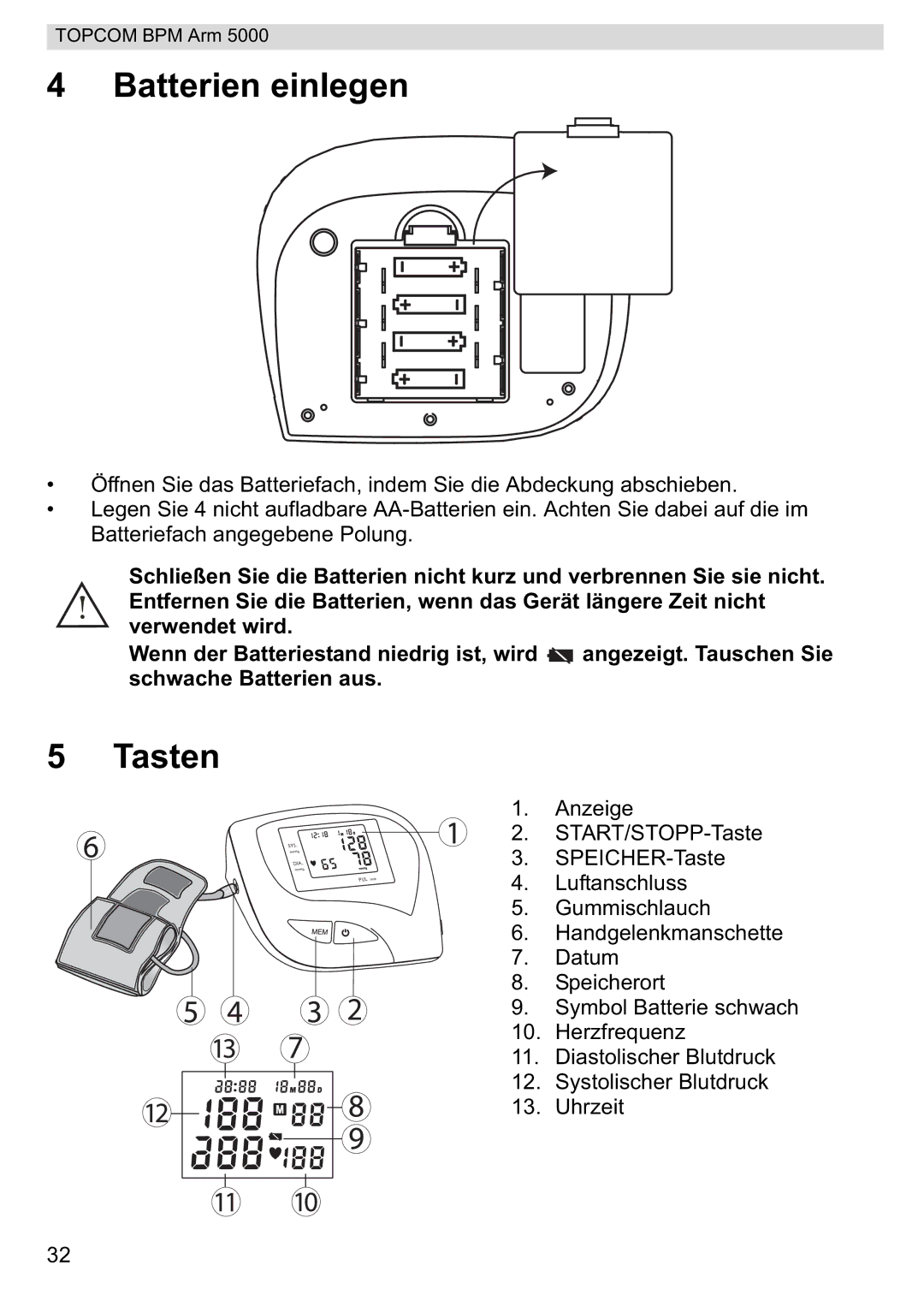 Topcom 5000 manual do utilizador Batterien einlegen, Tasten 