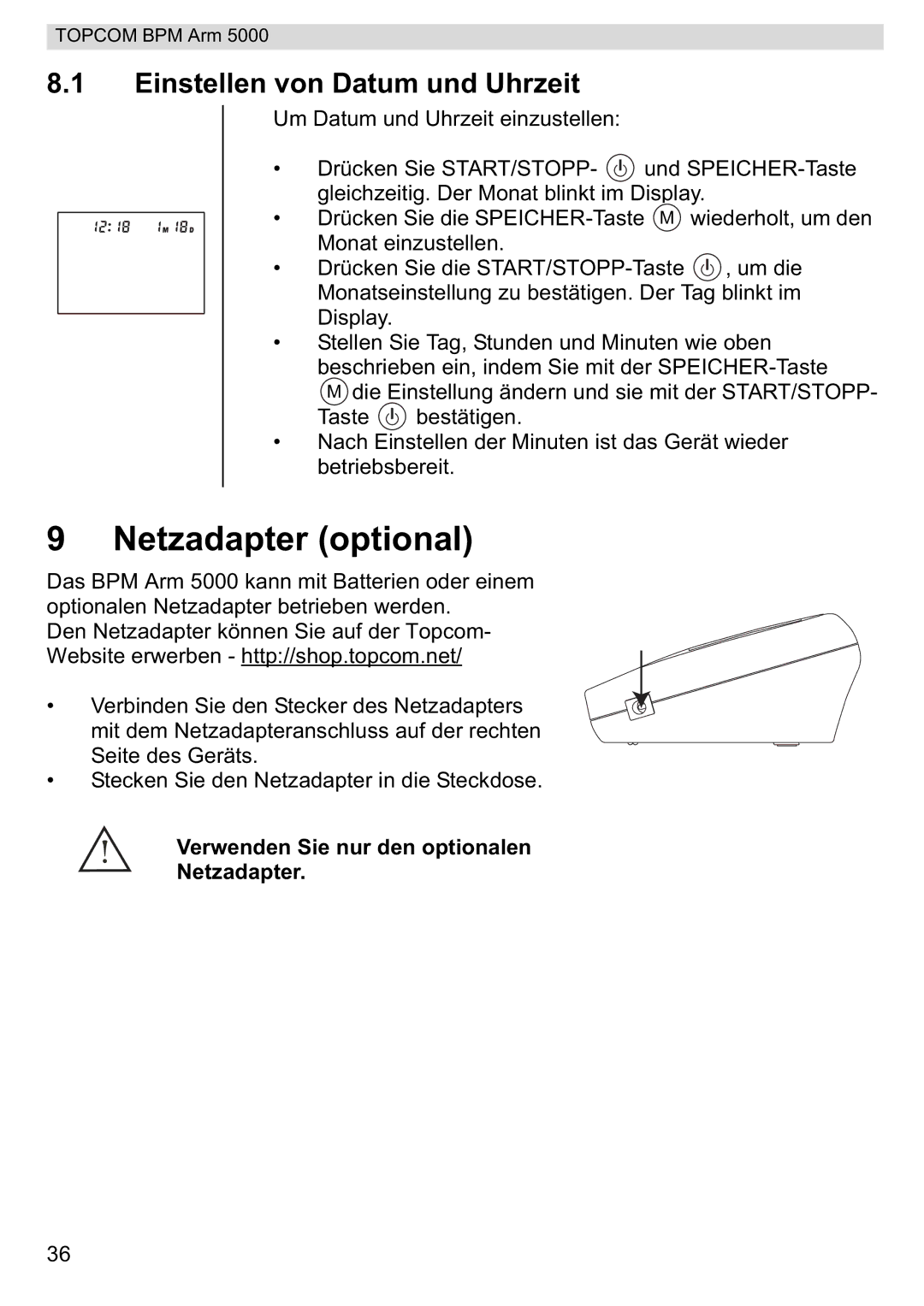 Topcom 5000 manual do utilizador Netzadapter optional, Einstellen von Datum und Uhrzeit 