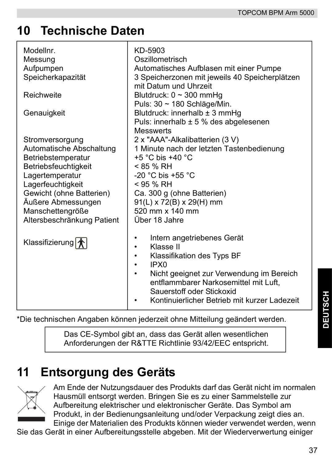 Topcom 5000 manual do utilizador Technische Daten, Entsorgung des Geräts 