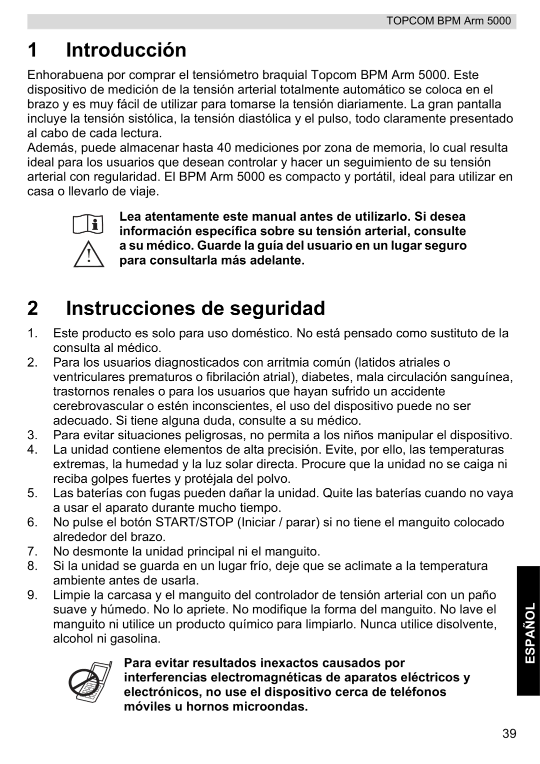 Topcom 5000 manual do utilizador Introducción, Instrucciones de seguridad 