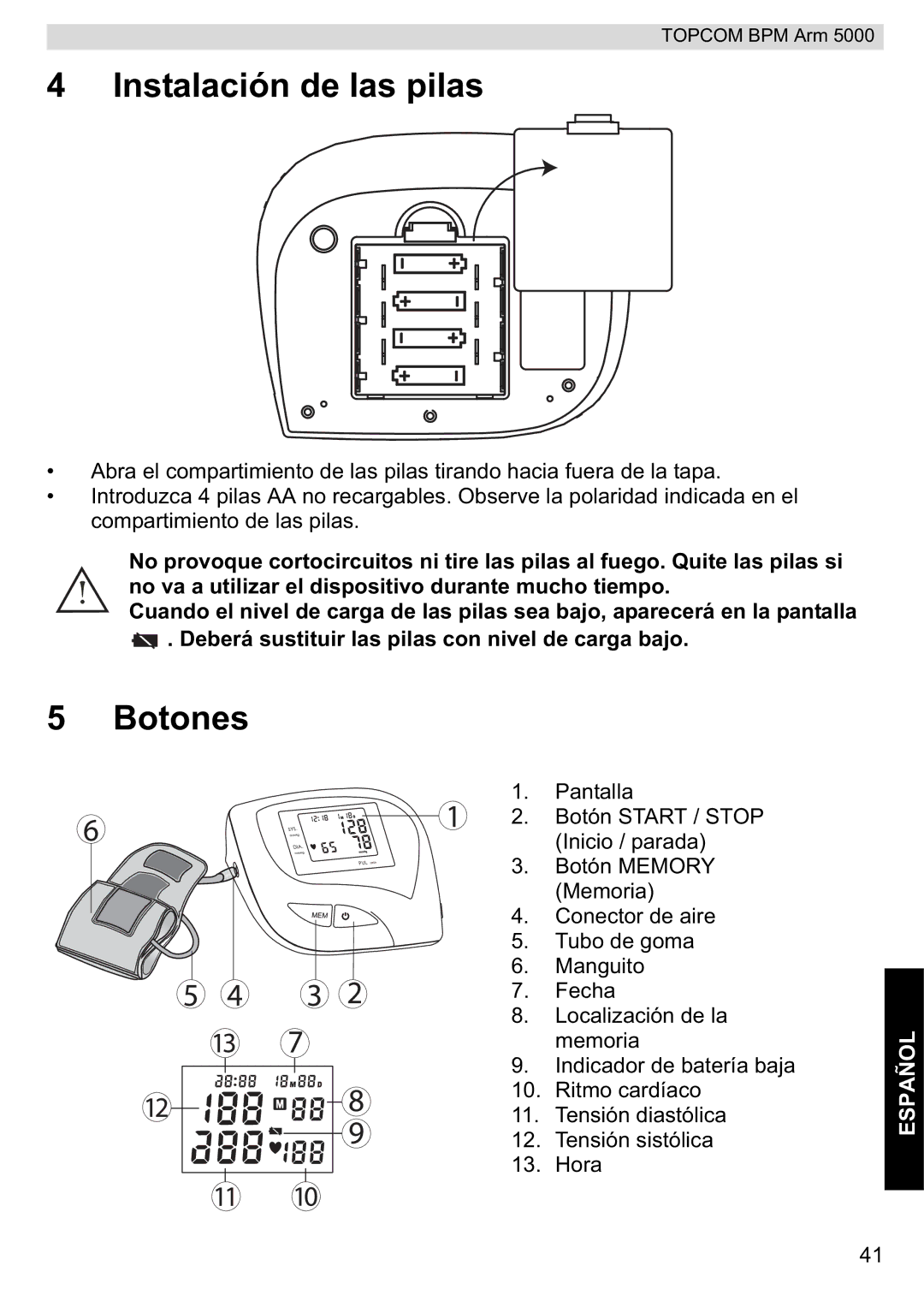 Topcom 5000 manual do utilizador Instalación de las pilas, Botones 