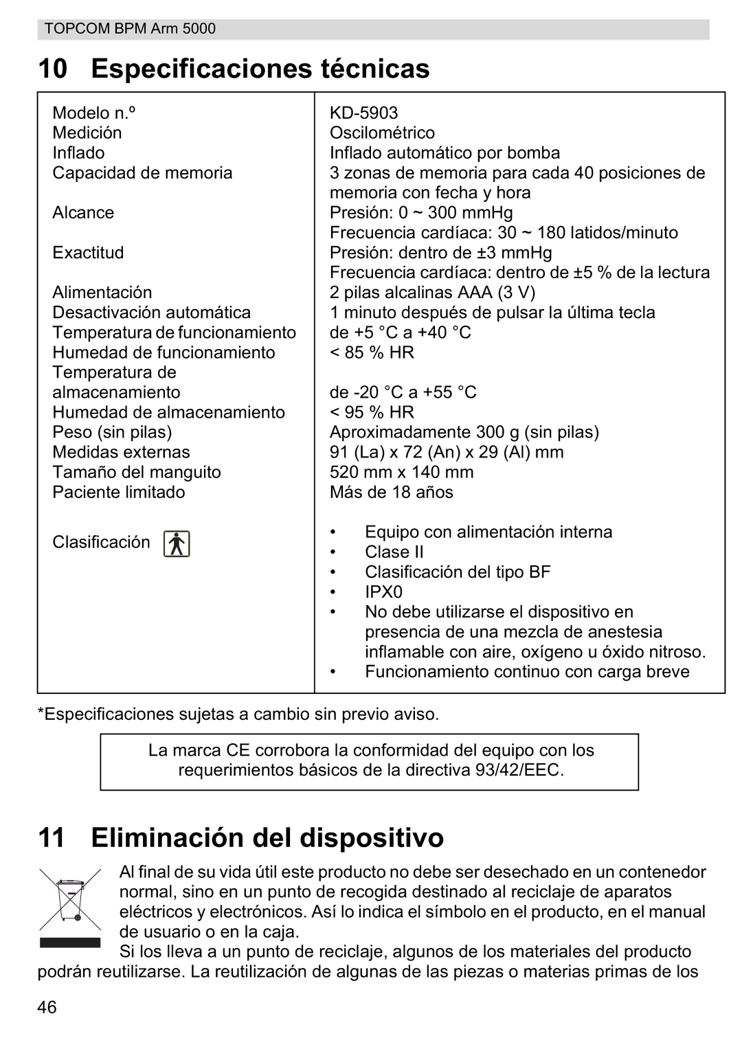 Topcom 5000 manual do utilizador Especificaciones técnicas, Eliminación del dispositivo 