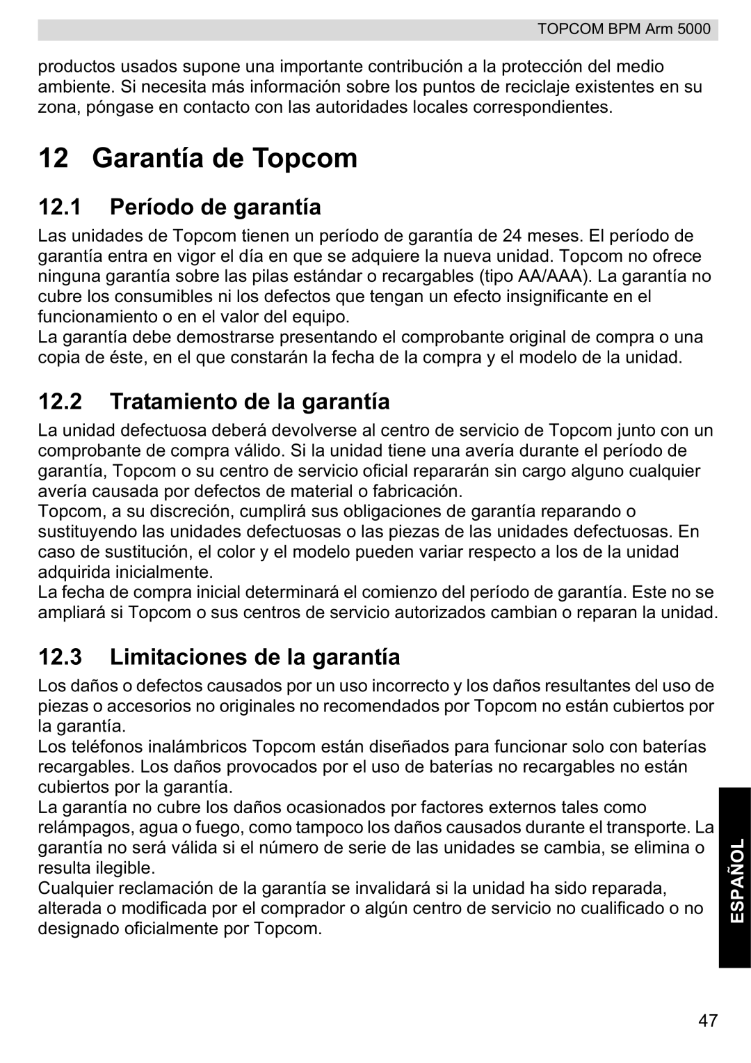 Topcom 5000 Garantía de Topcom, 12.1 Período de garantía, Tratamiento de la garantía, Limitaciones de la garantía 