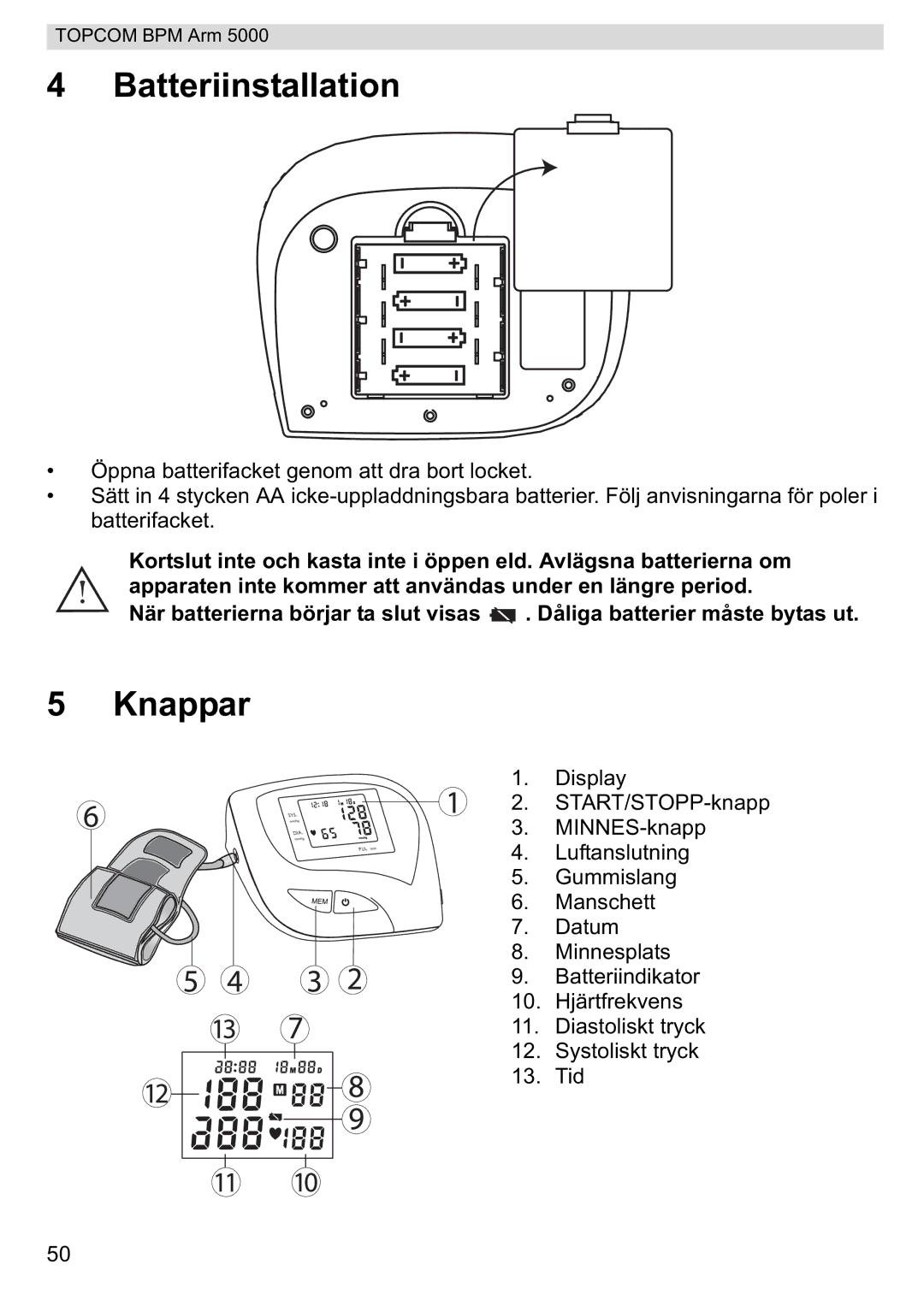 Topcom 5000 manual do utilizador Batteriinstallation, Knappar 