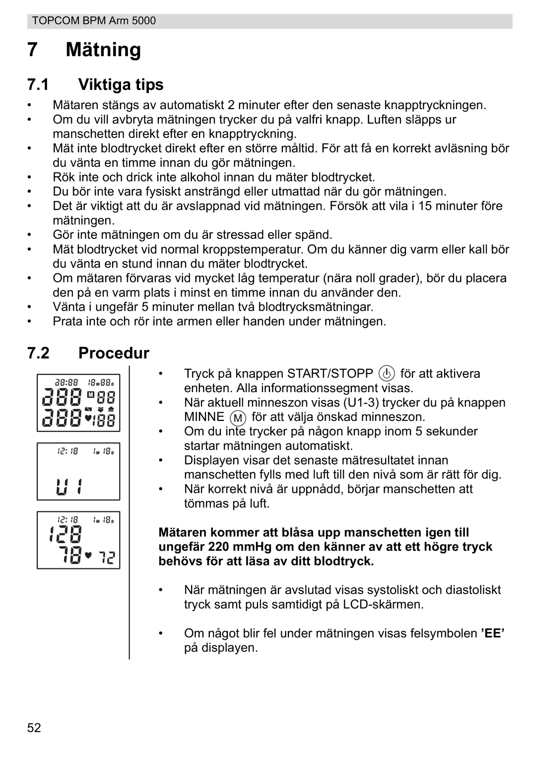 Topcom 5000 manual do utilizador Mätning, Viktiga tips, Procedur 