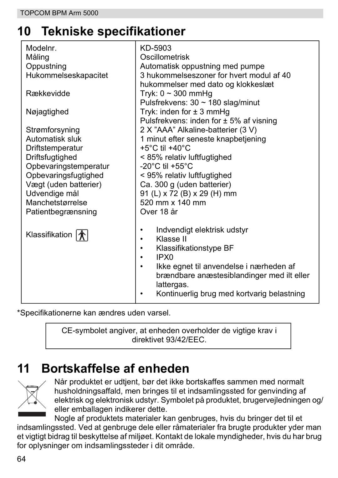 Topcom 5000 manual do utilizador Tekniske specifikationer, Bortskaffelse af enheden 