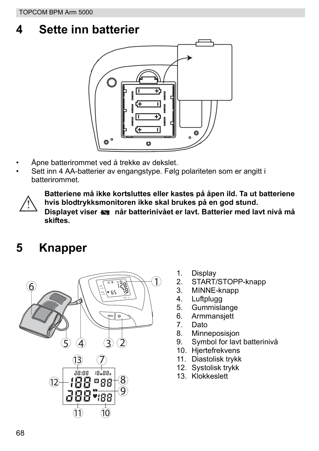 Topcom 5000 manual do utilizador Sette inn batterier, Knapper 