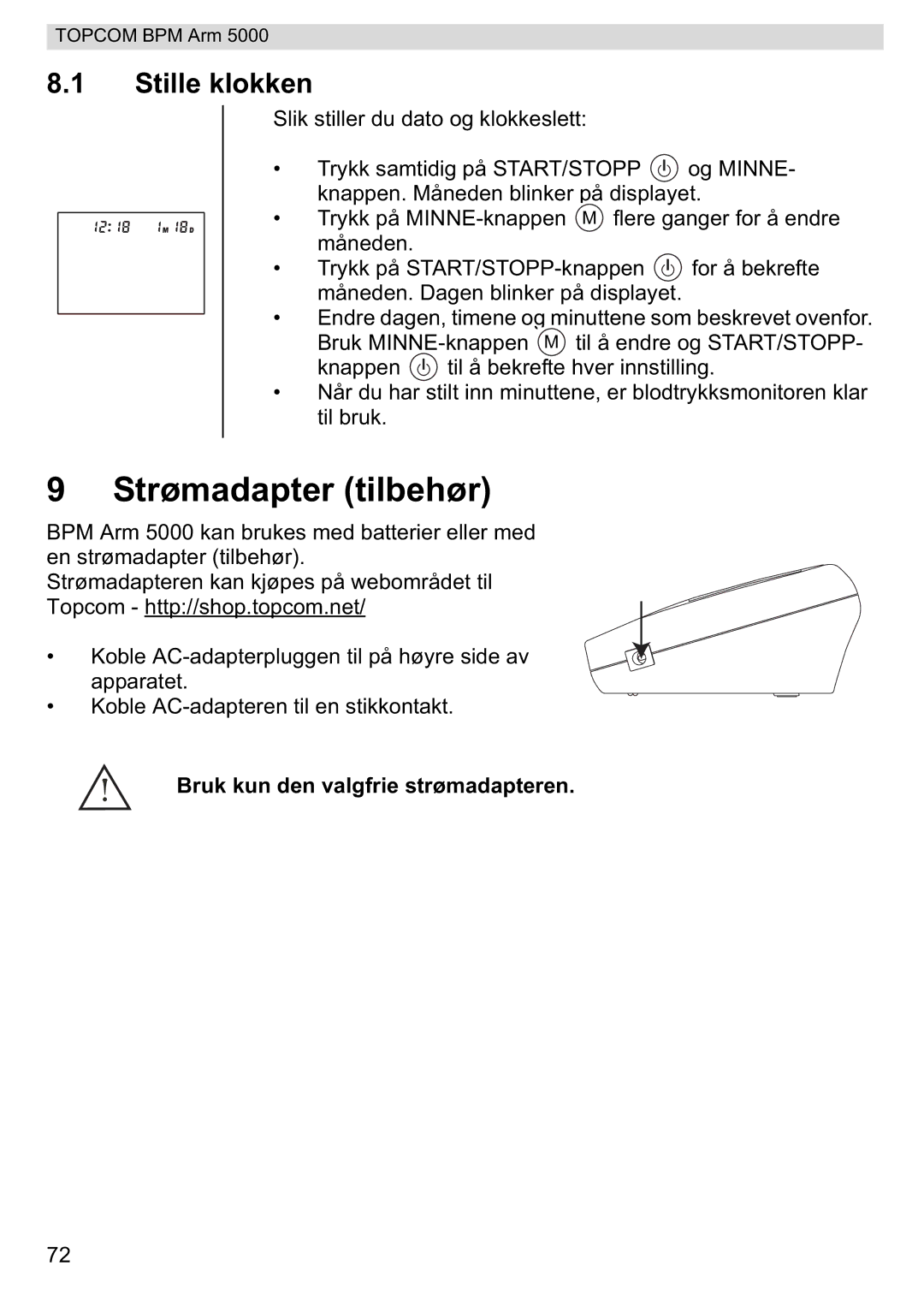 Topcom 5000 manual do utilizador Strømadapter tilbehør, Stille klokken 