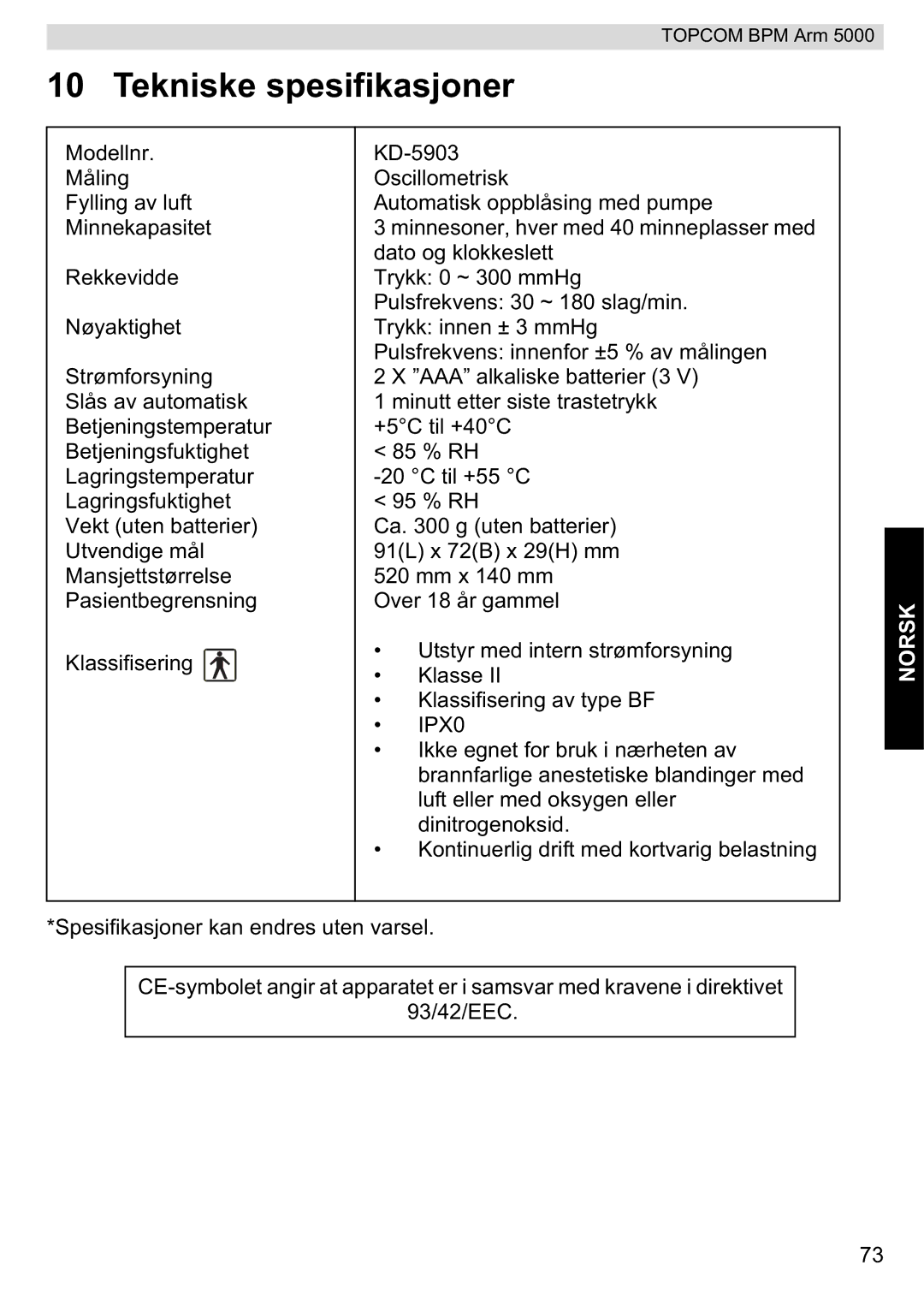 Topcom 5000 manual do utilizador Tekniske spesifikasjoner 