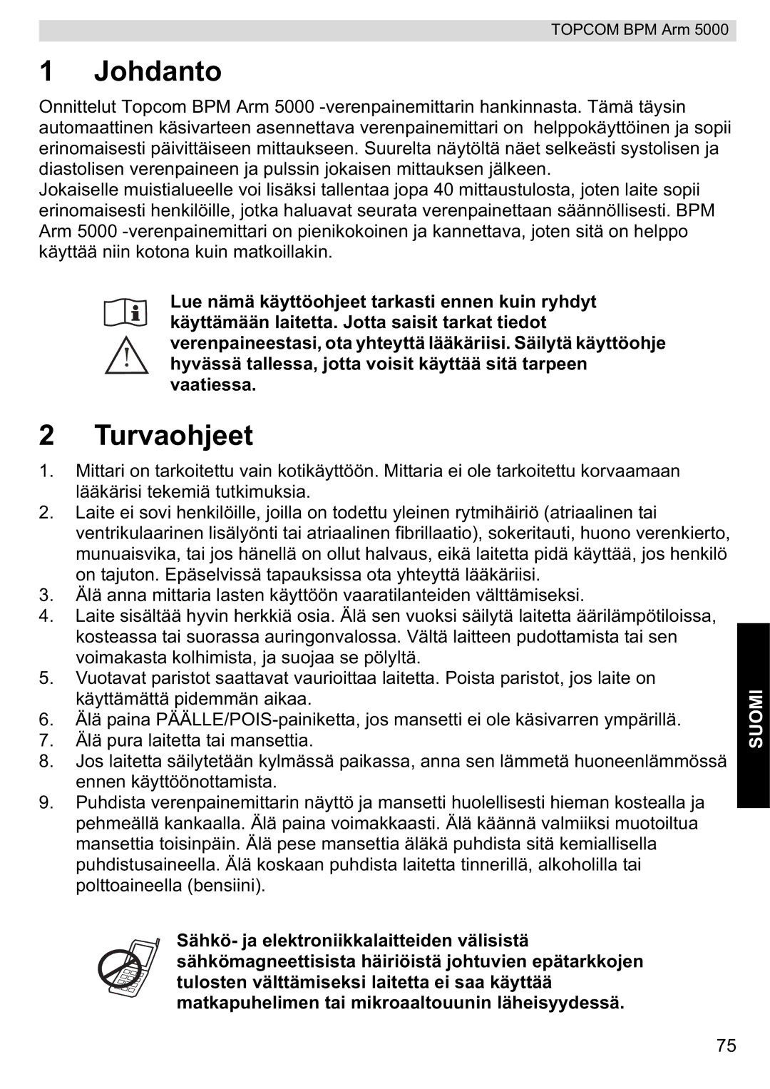 Topcom 5000 manual do utilizador Johdanto, Turvaohjeet 