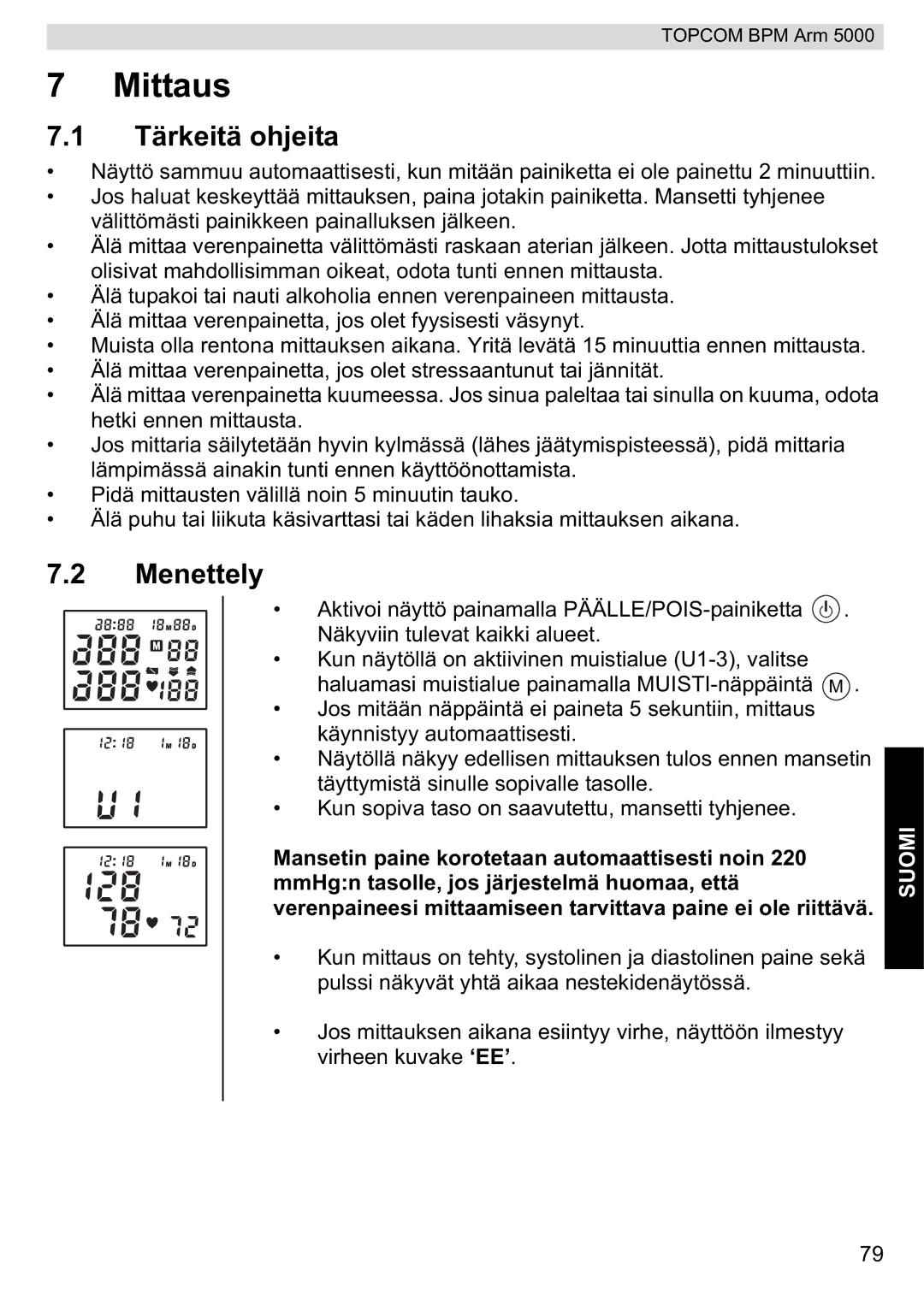 Topcom 5000 manual do utilizador Mittaus, Tärkeitä ohjeita, Menettely 