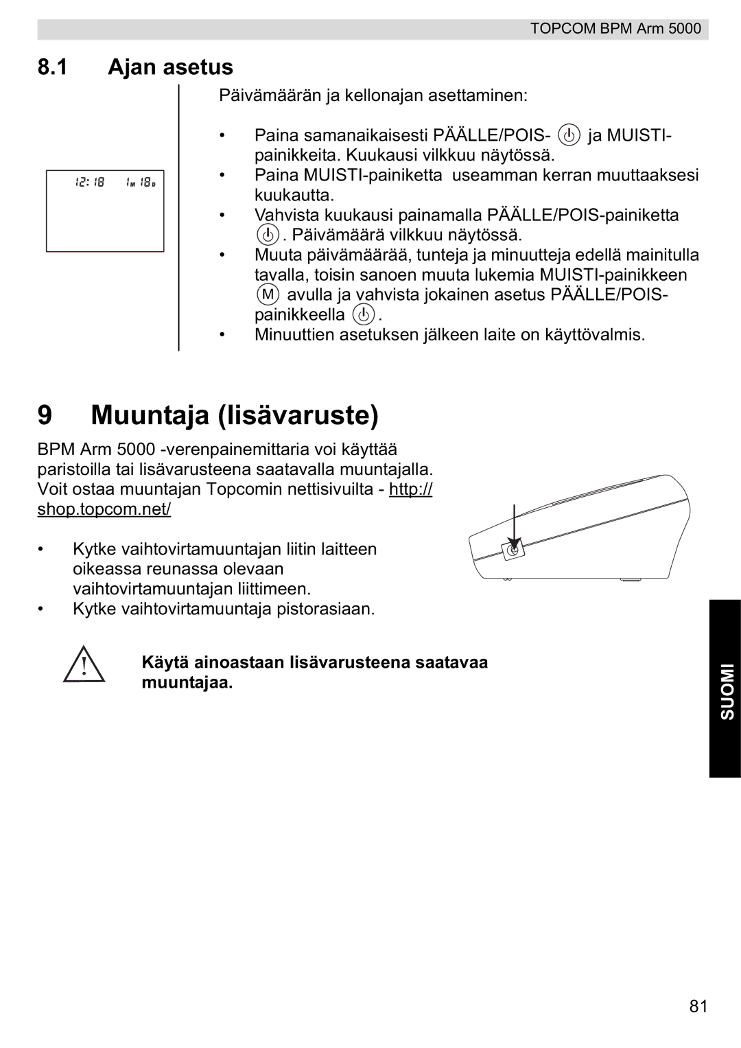 Topcom 5000 manual do utilizador Muuntaja lisävaruste, Ajan asetus 