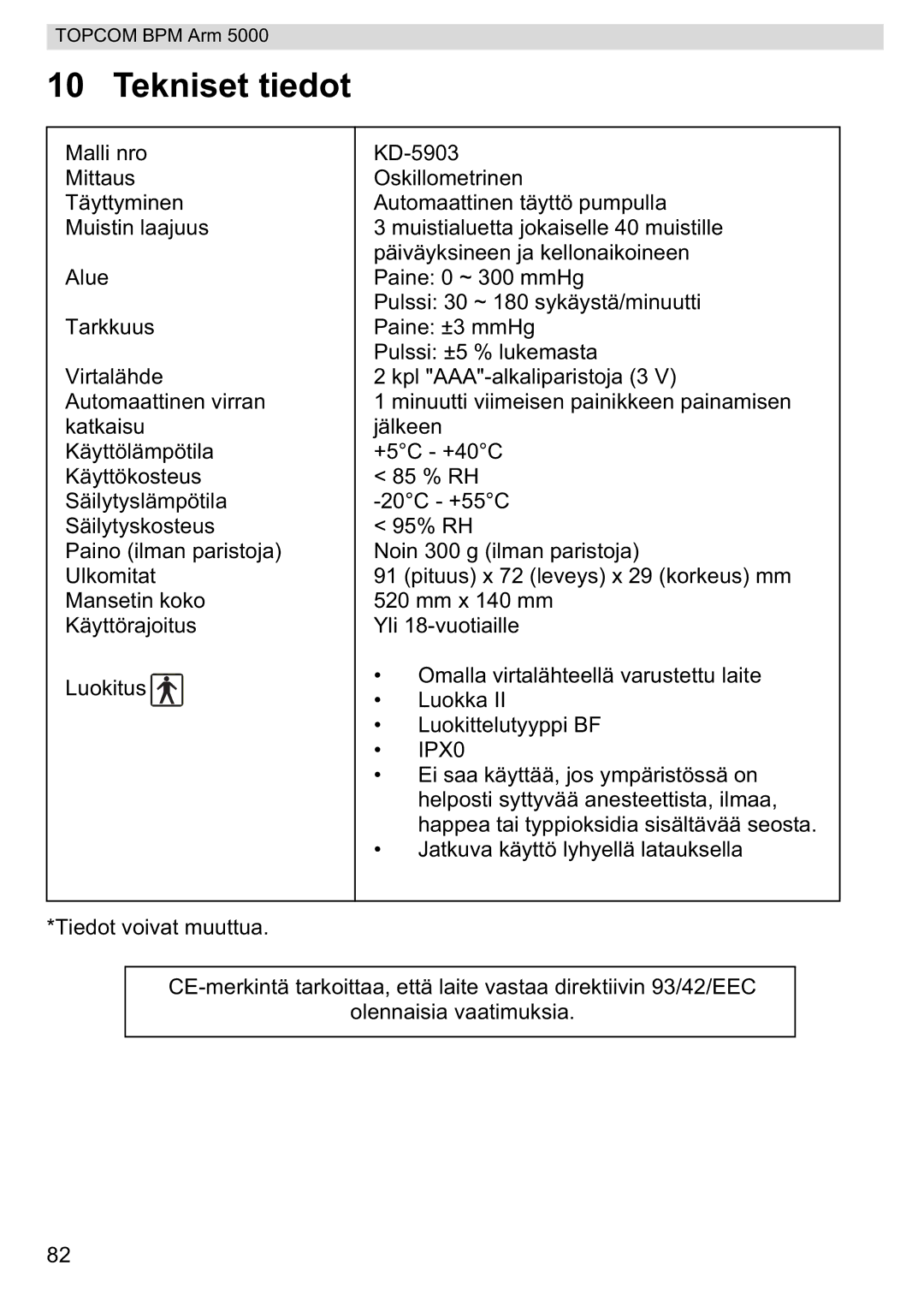 Topcom 5000 manual do utilizador Tekniset tiedot 