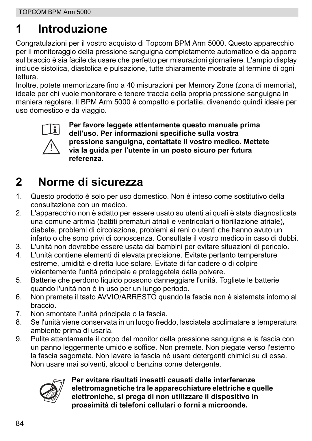 Topcom 5000 manual do utilizador Introduzione, Norme di sicurezza 