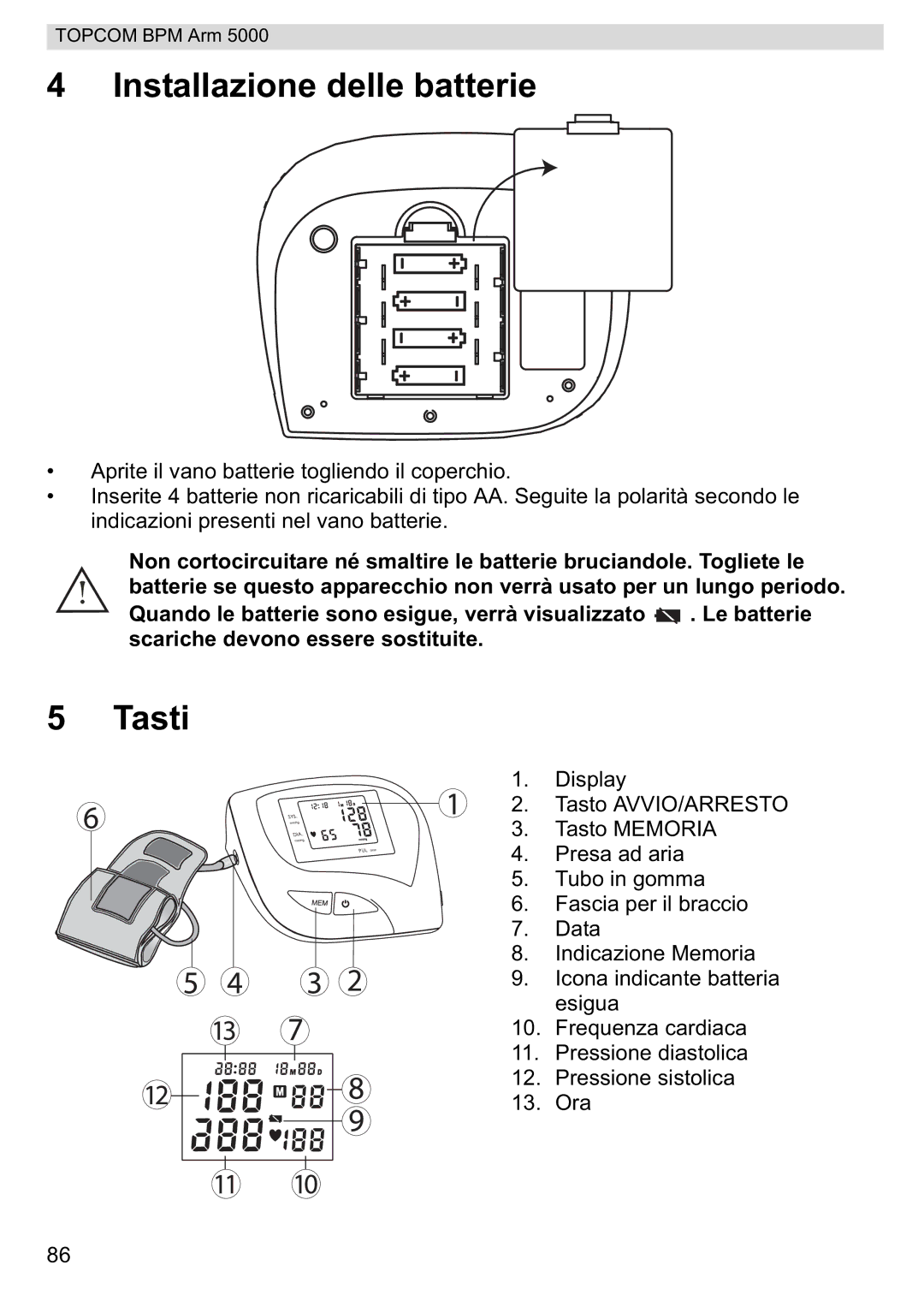 Topcom 5000 manual do utilizador Installazione delle batterie, Tasti 