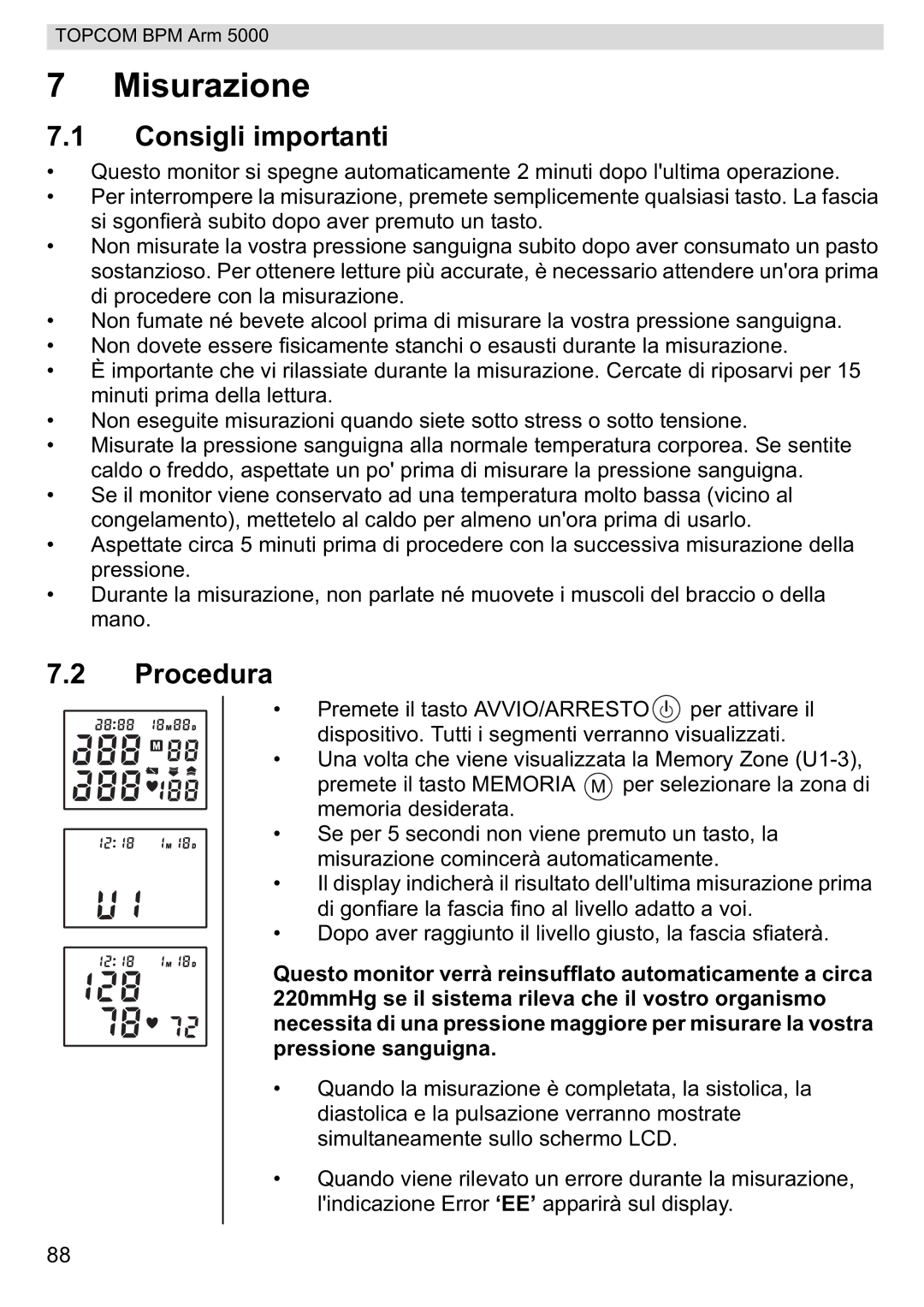 Topcom 5000 manual do utilizador Misurazione, Consigli importanti, Procedura 