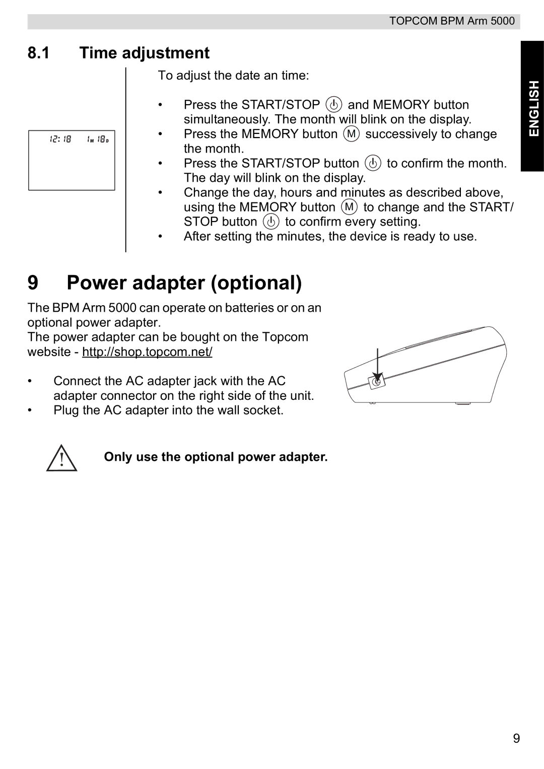 Topcom 5000 manual do utilizador Power adapter optional, Time adjustment 