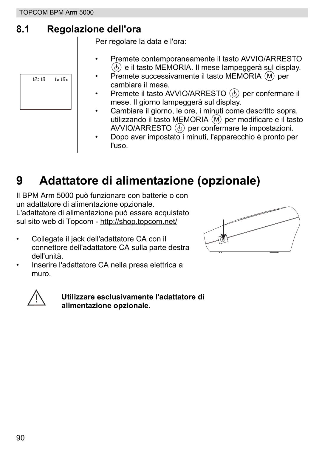 Topcom 5000 manual do utilizador Adattatore di alimentazione opzionale, Regolazione dellora 