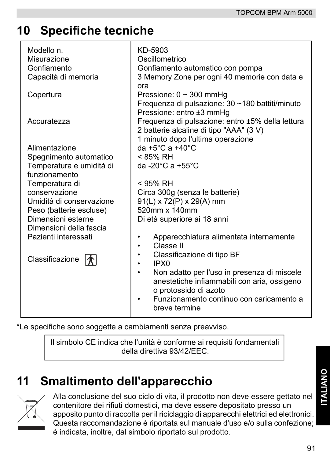 Topcom 5000 manual do utilizador Specifiche tecniche, Smaltimento dellapparecchio 