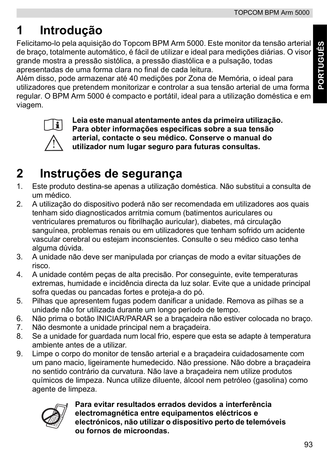 Topcom 5000 manual do utilizador Introdução, Instruções de segurança 