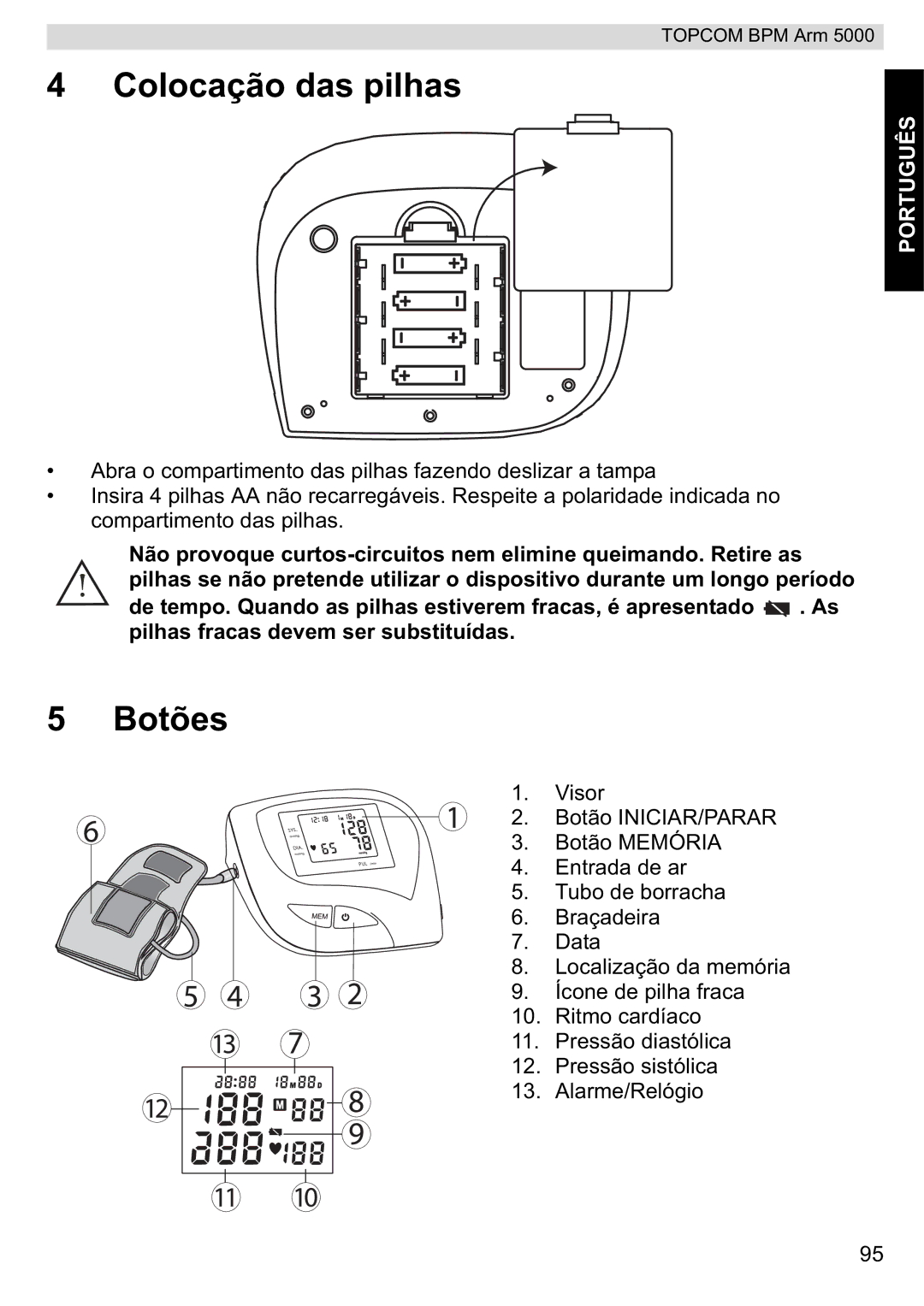 Topcom 5000 manual do utilizador Colocação das pilhas, Botões 