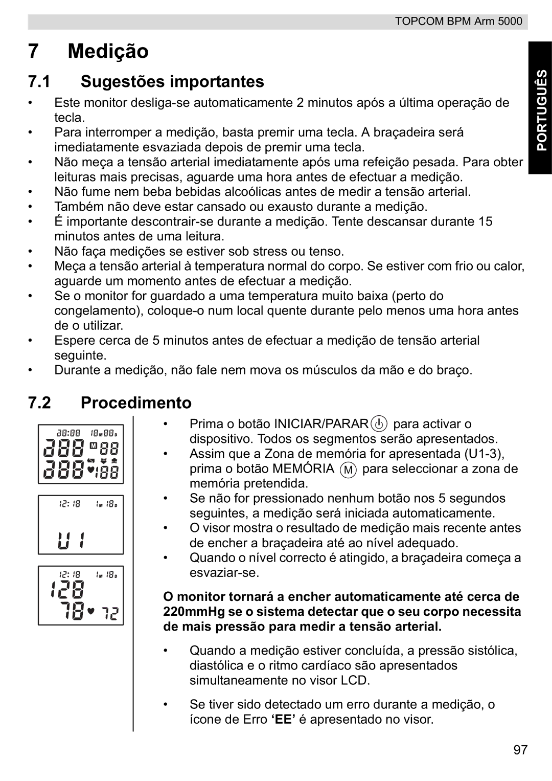 Topcom 5000 manual do utilizador Medição, Sugestões importantes, Procedimento 