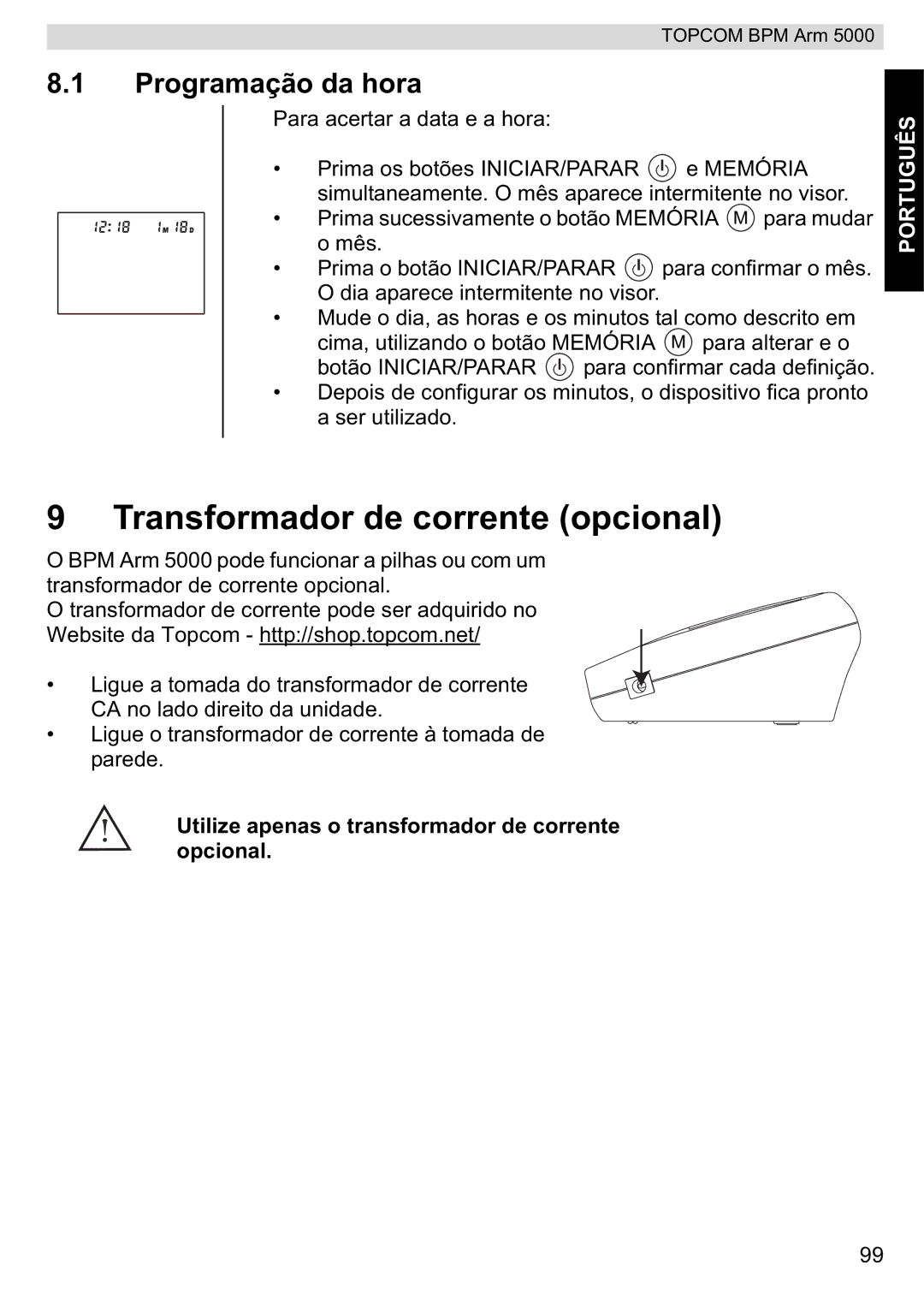 Topcom 5000 manual do utilizador Transformador de corrente opcional, Programação da hora 