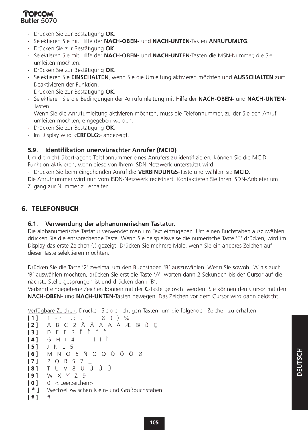 Topcom 5070 manual Telefonbuch, Identifikation unerwünschter Anrufer Mcid, Verwendung der alphanumerischen Tastatur 