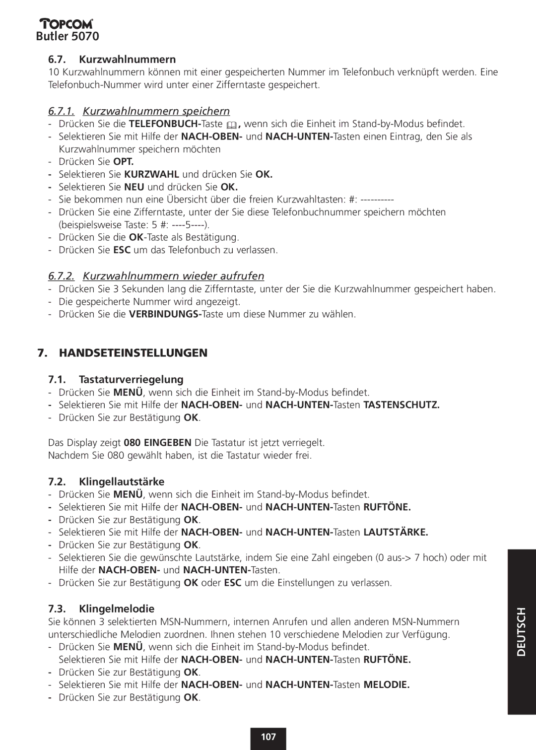 Topcom 5070 manual Handseteinstellungen, Kurzwahlnummern, Tastaturverriegelung, Klingellautstärke, Klingelmelodie 