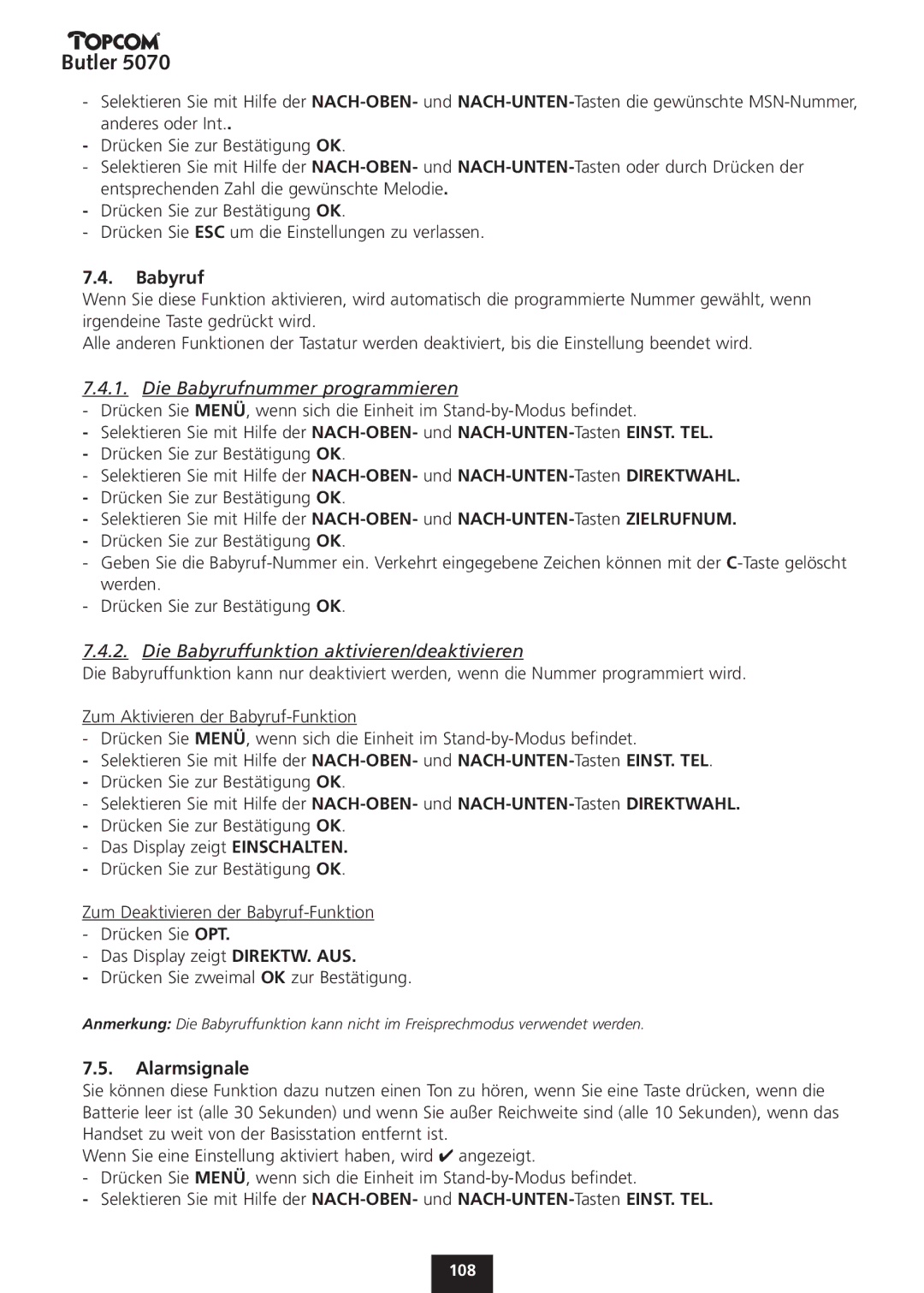 Topcom 5070 manual Die Babyrufnummer programmieren, Die Babyruffunktion aktivieren/deaktivieren, Alarmsignale 