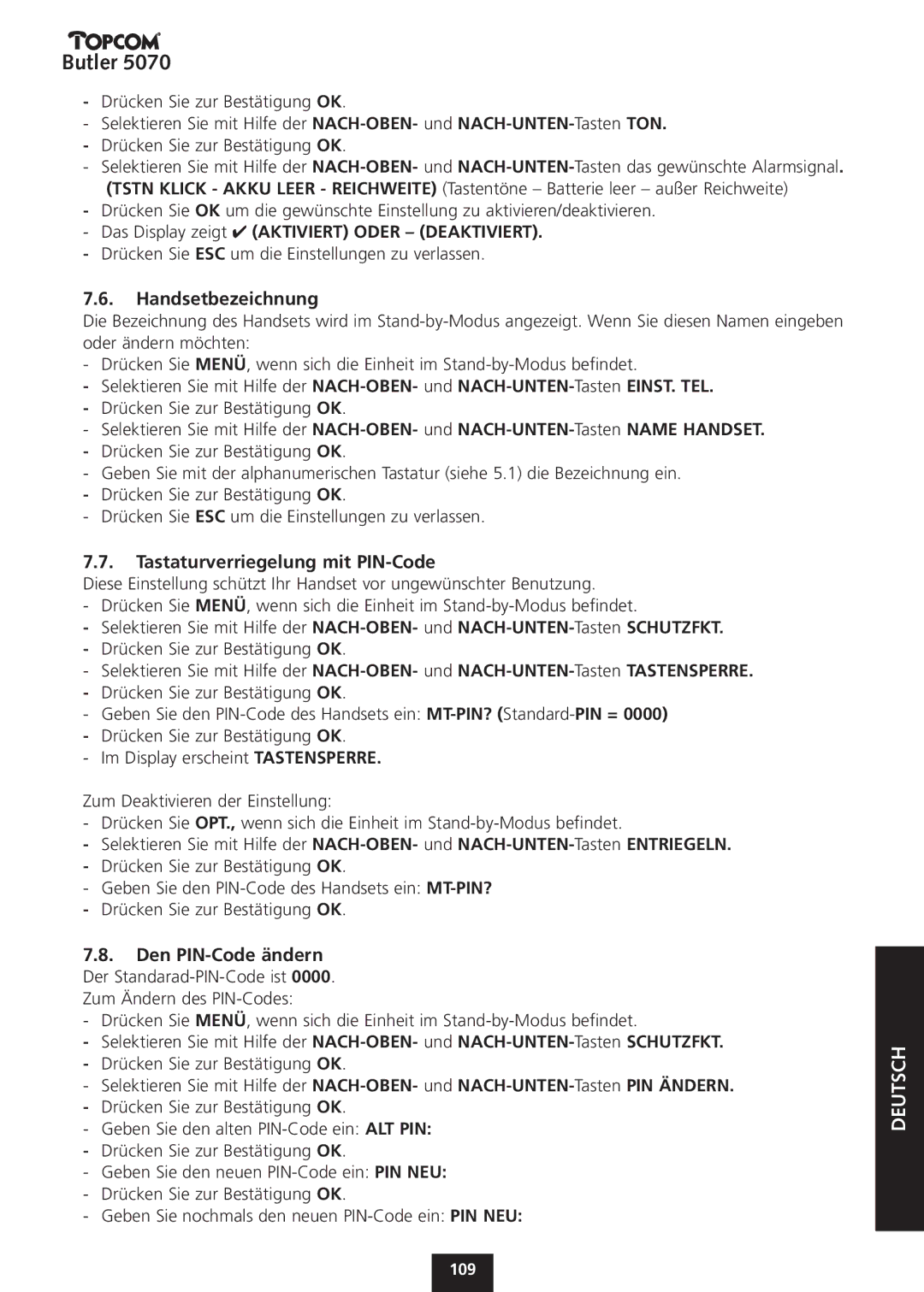 Topcom 5070 manual Das Display zeigt Aktiviert Oder Deaktiviert, Handsetbezeichnung, Tastaturverriegelung mit PIN-Code 