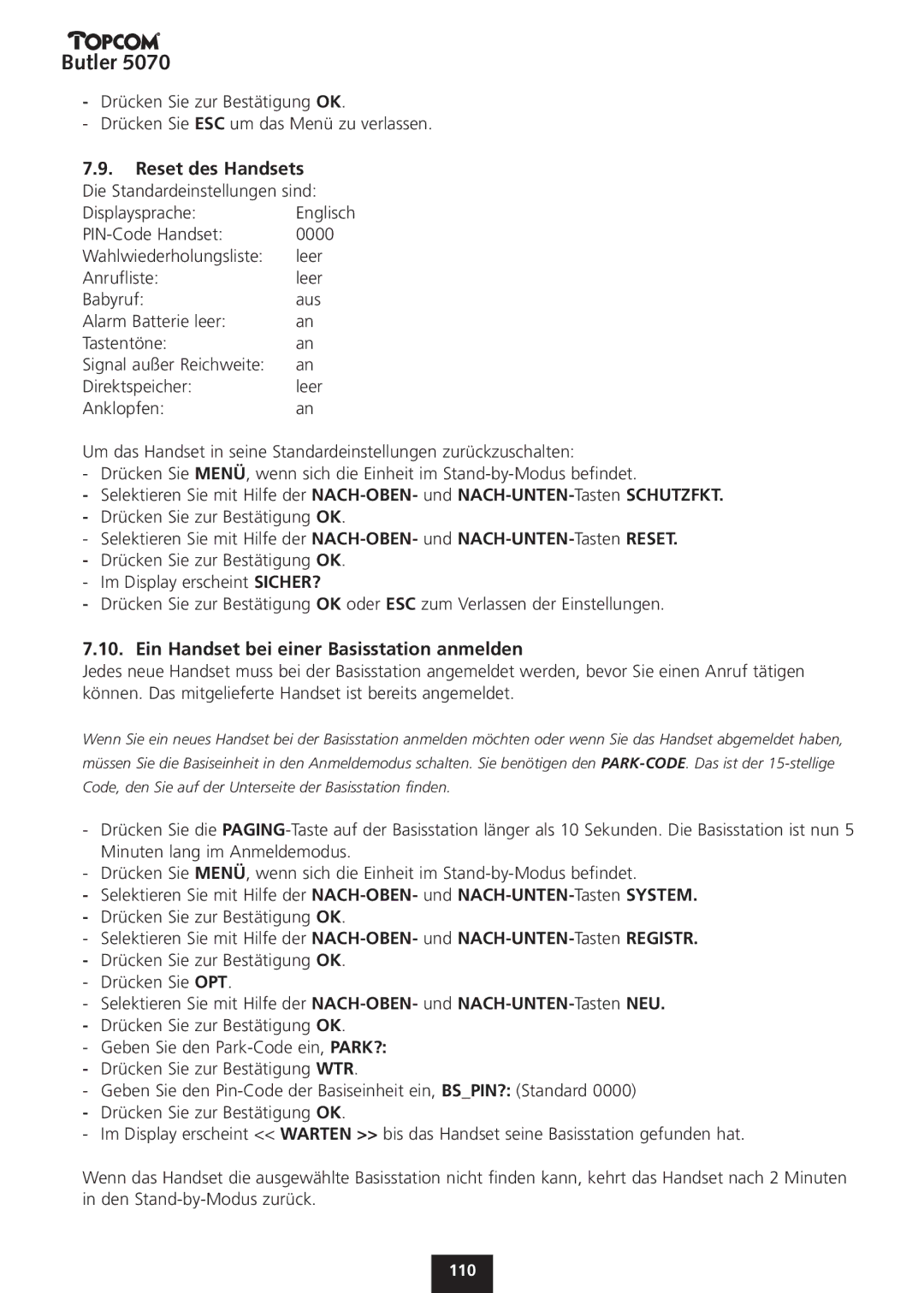 Topcom 5070 manual Ein Handset bei einer Basisstation anmelden 