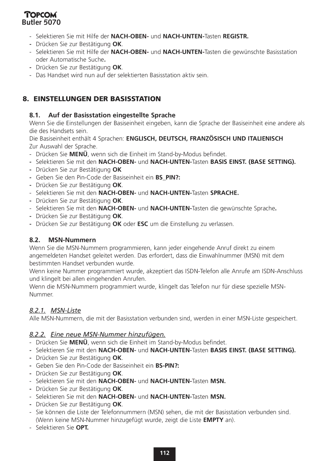 Topcom 5070 manual Einstellungen DER Basisstation, Auf der Basisstation eingestellte Sprache, MSN-Liste 