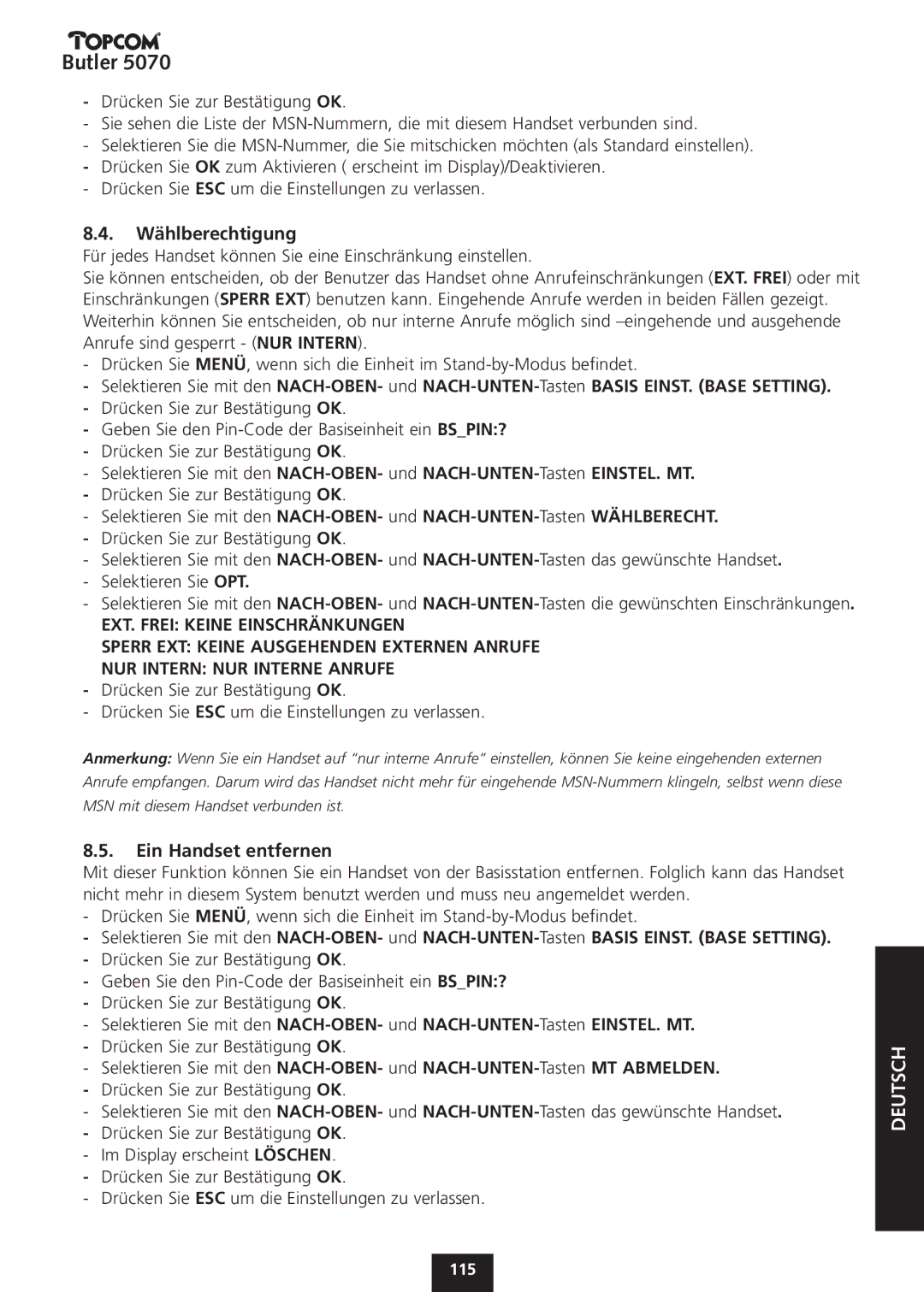 Topcom 5070 manual Wählberechtigung, Ein Handset entfernen 