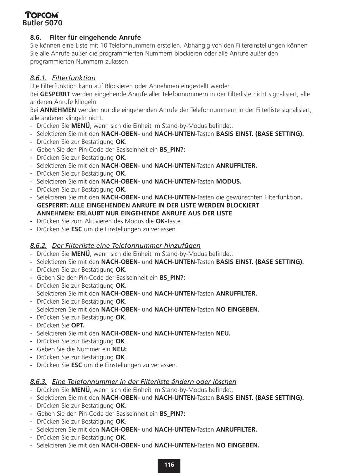 Topcom 5070 manual Filter für eingehende Anrufe, Filterfunktion, Der Filterliste eine Telefonnummer hinzufügen 