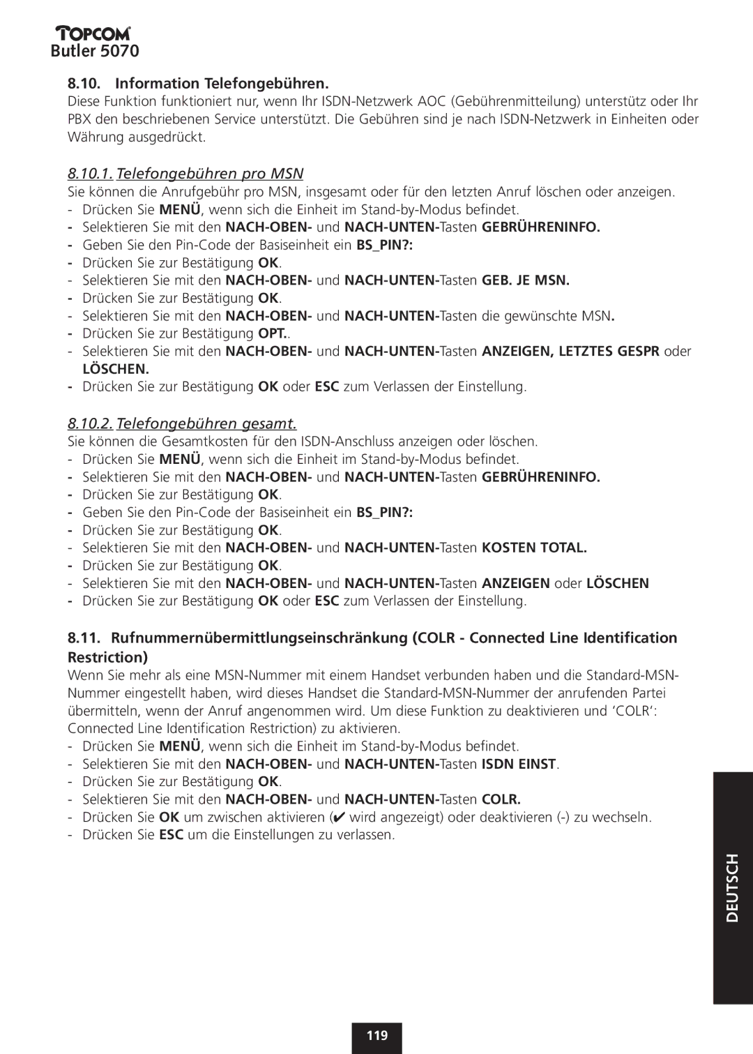 Topcom 5070 manual Information Telefongebühren, Telefongebühren pro MSN, Telefongebühren gesamt 