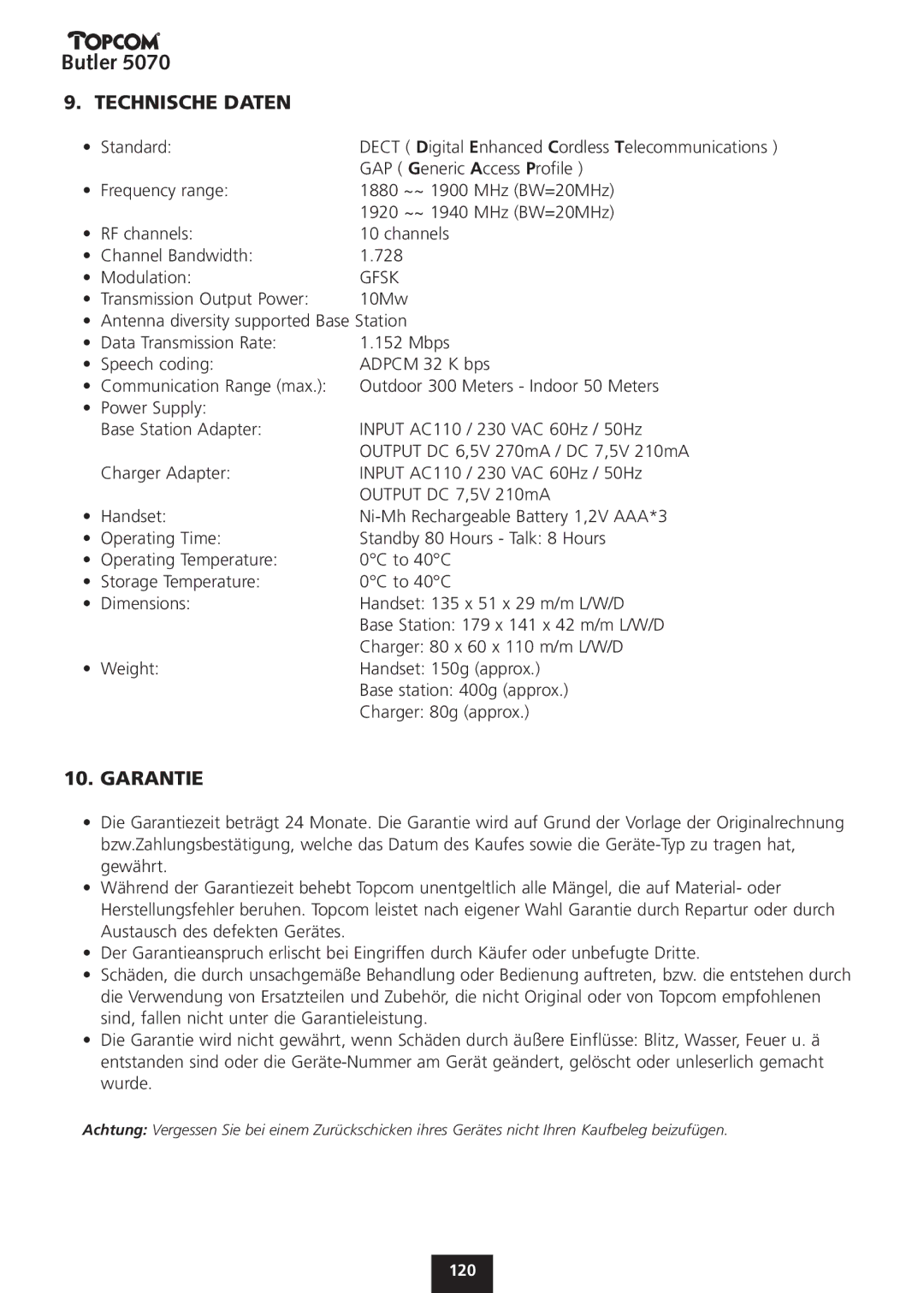 Topcom 5070 manual Technische Daten, Garantie 